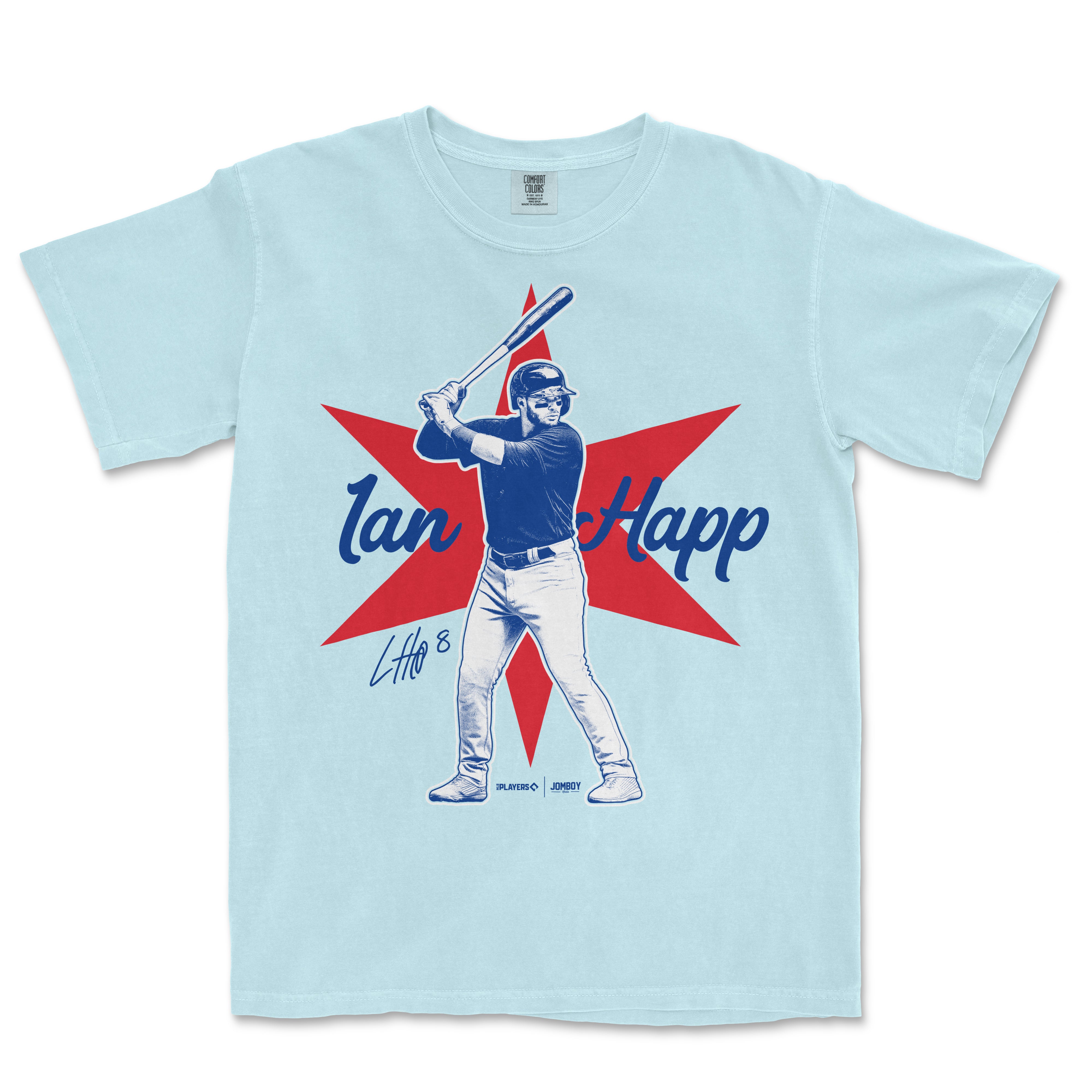 Light blue Comfort Colors T-shirt featuring a graphic of Ian Happ with a bat, red star background, and signature, celebrating his signature series.