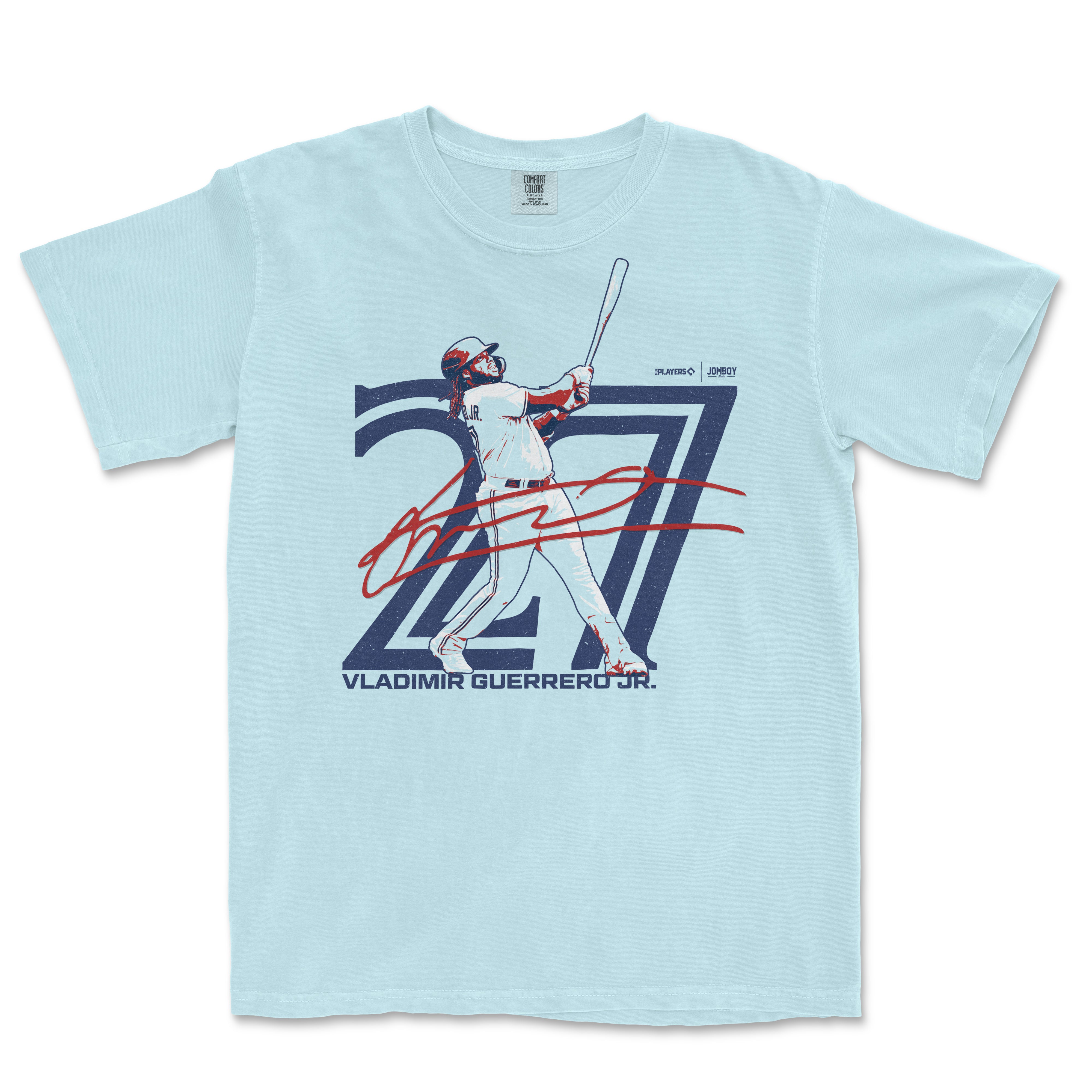 Light blue T-shirt featuring Vlad Guerrero Jr. in a batting pose, with his signature and "Vlad Guerrero Jr. Signature Series" text.