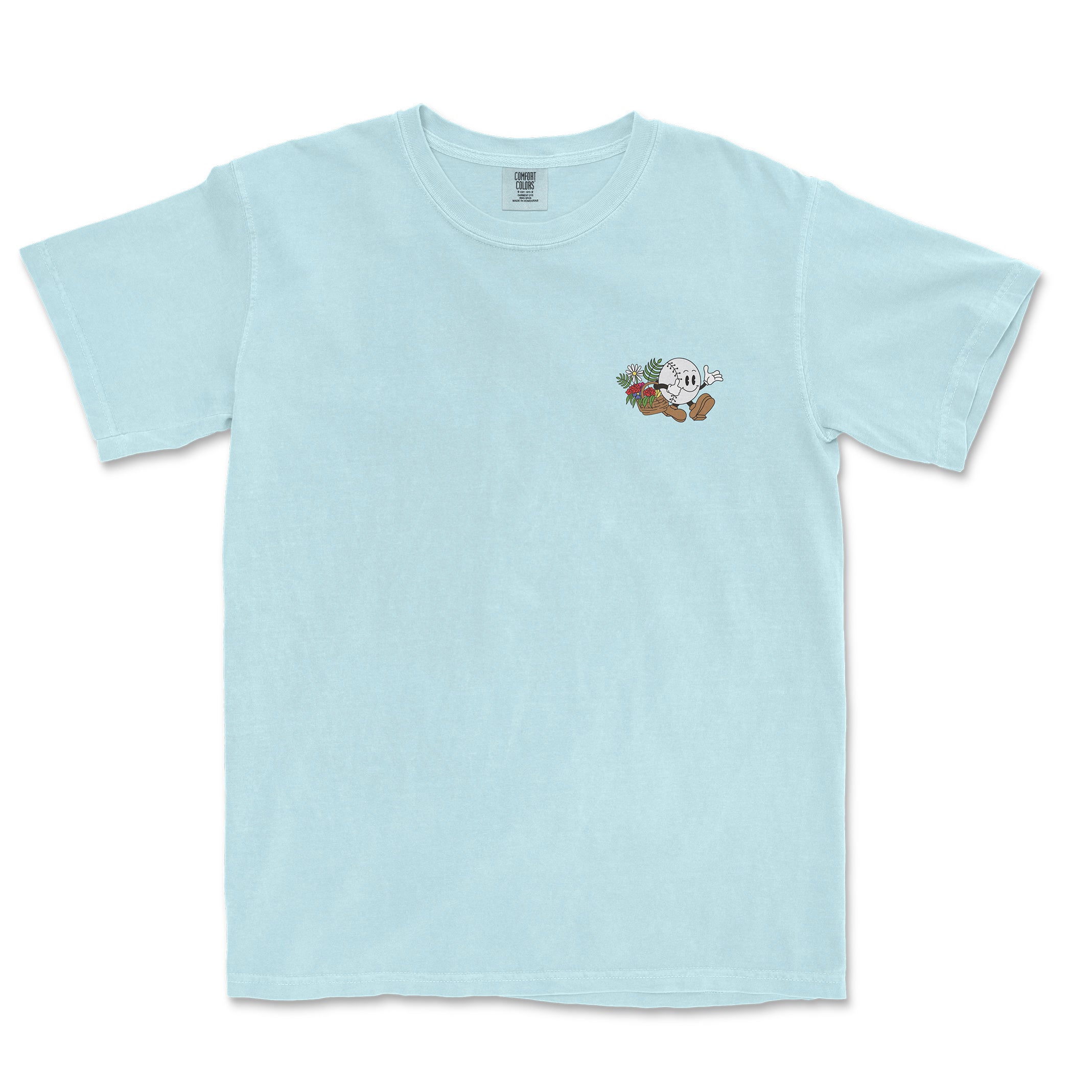 Light blue Comfort Colors tee featuring a small embroidered baseball girl holding flowers on the chest.