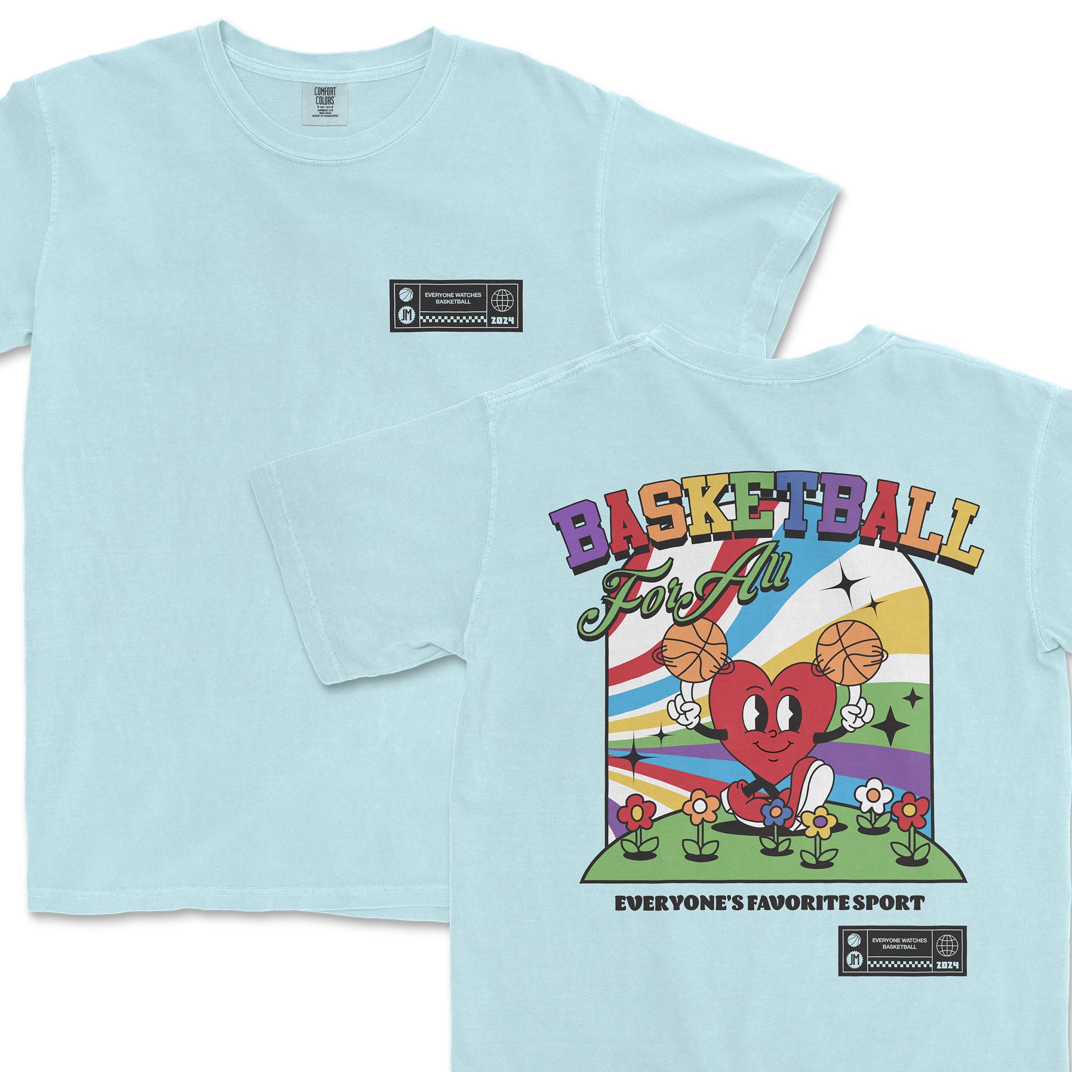 Light blue Comfort Colors T-shirt with colorful "Basketball For All" graphic featuring a heart character holding basketballs, rainbow, and flowers.