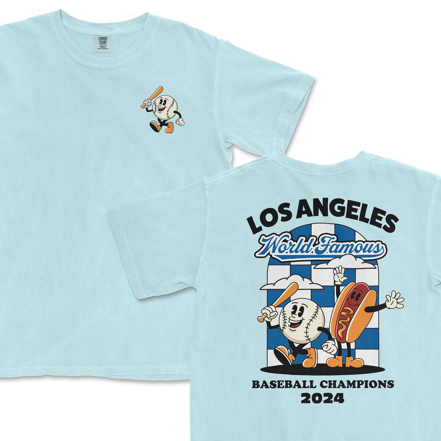 Light blue T-shirt featuring cartoon baseball and hot dog characters celebrating Los Angeles 2024 World Famous Baseball Champions.