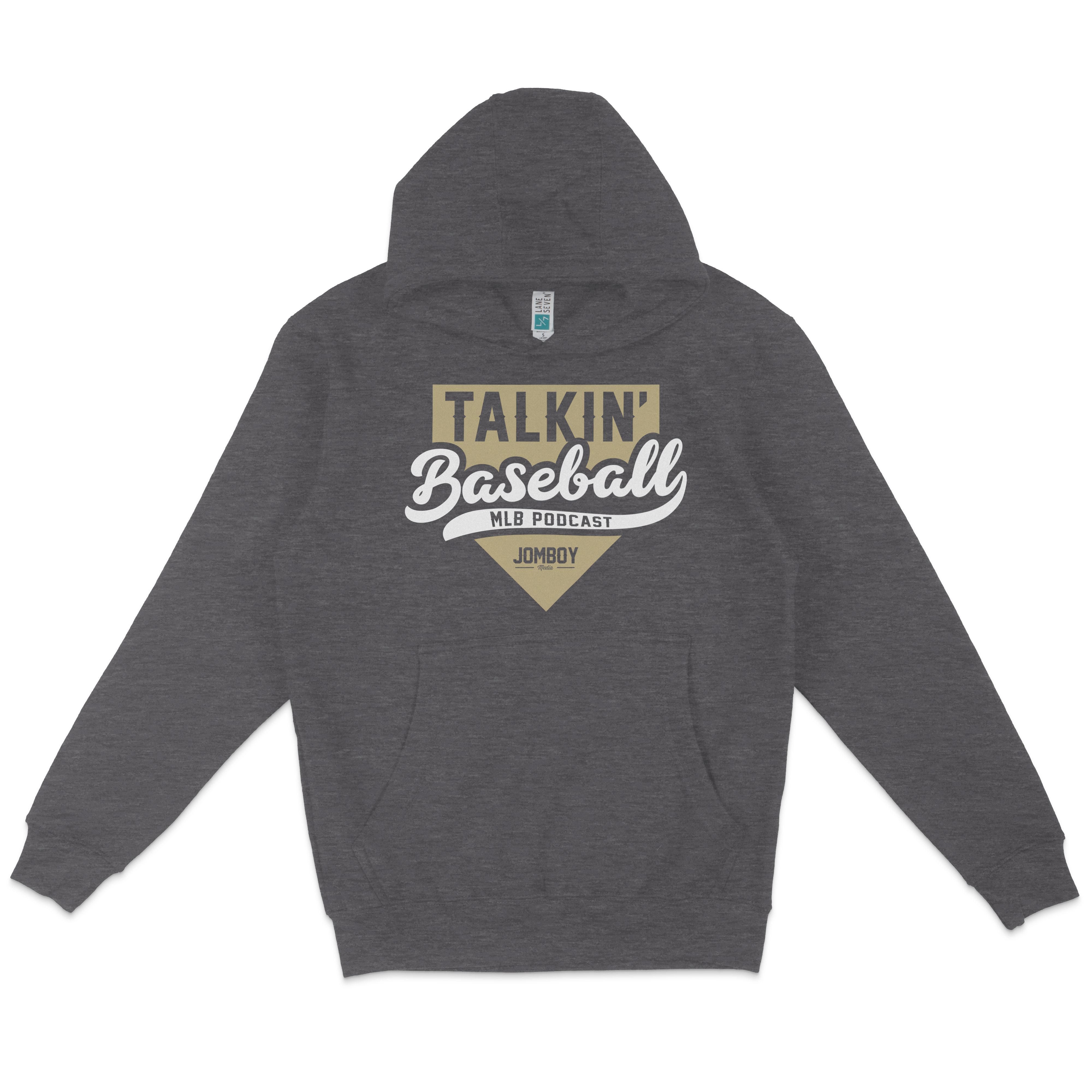 Gray fleece hoodie featuring "Talkin' Baseball" MLB podcast logo in beige, white, and black on the front.