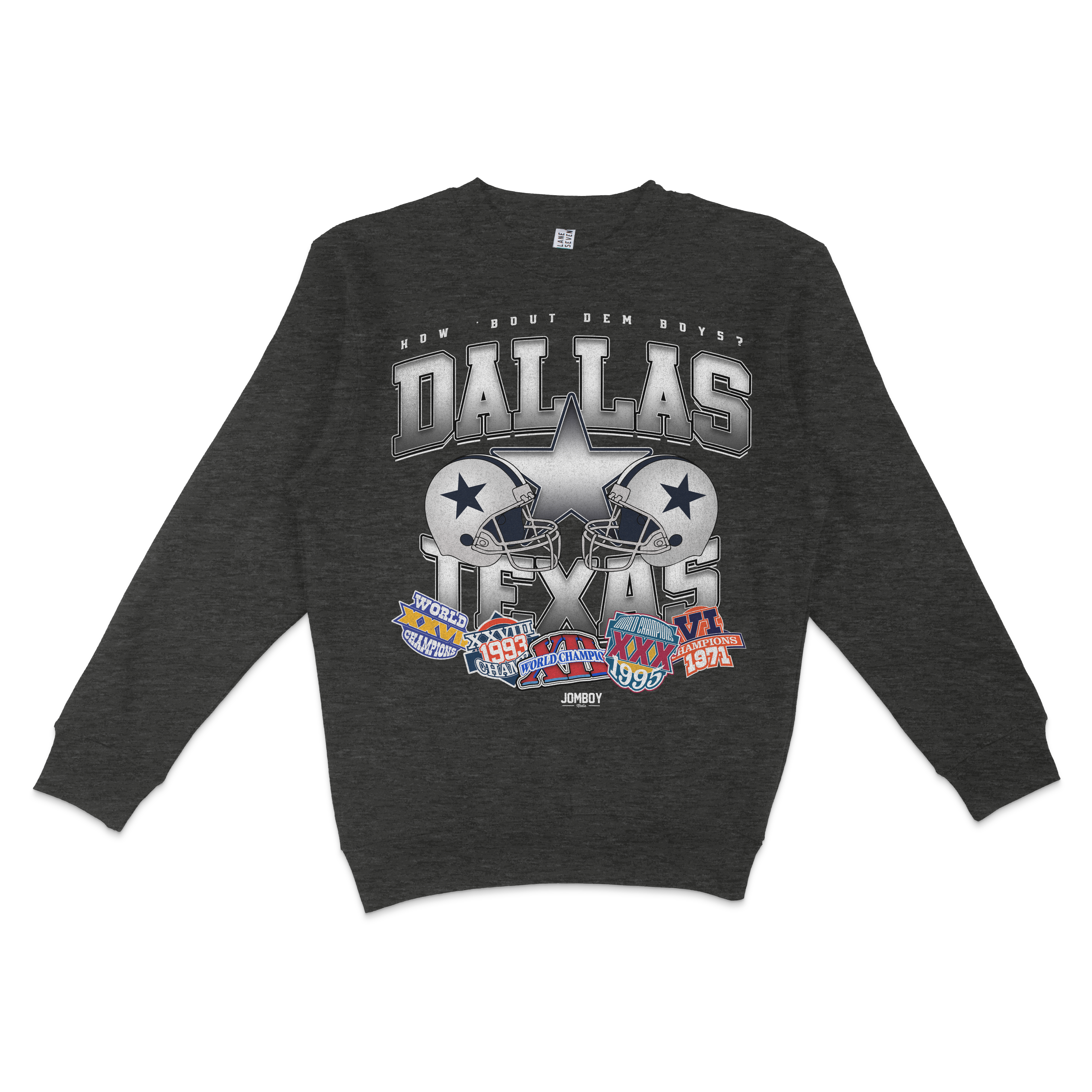 Dark gray crewneck sweatshirt featuring Dallas Cowboys football team graphics, helmets, and championship patches from 1971 and 1993.