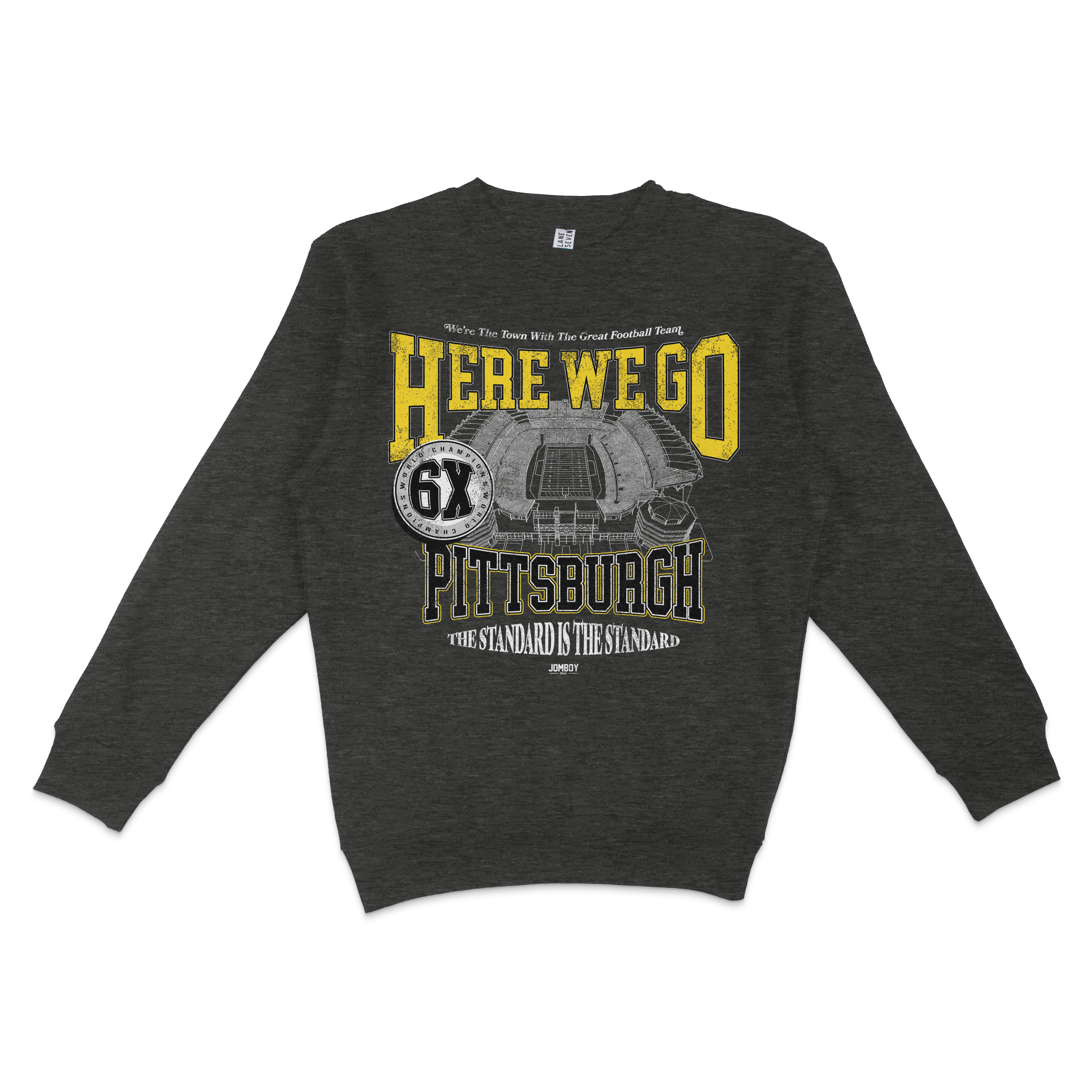 Dark gray crewneck sweatshirt featuring yellow and white graphic text and illustrations celebrating Pittsburgh's football team.