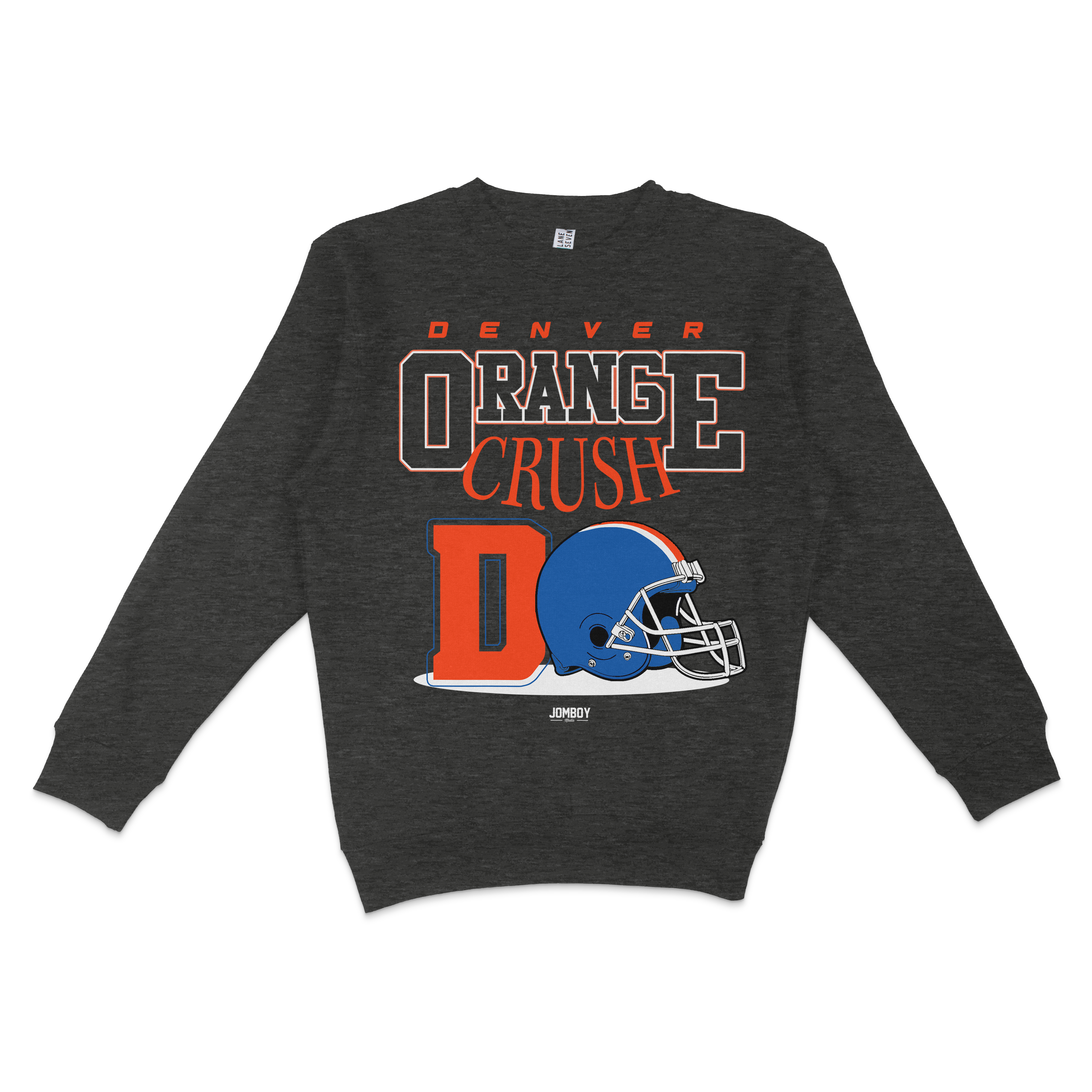 Dark gray crewneck sweatshirt featuring "Denver Orange Crush" text and a blue football helmet graphic.