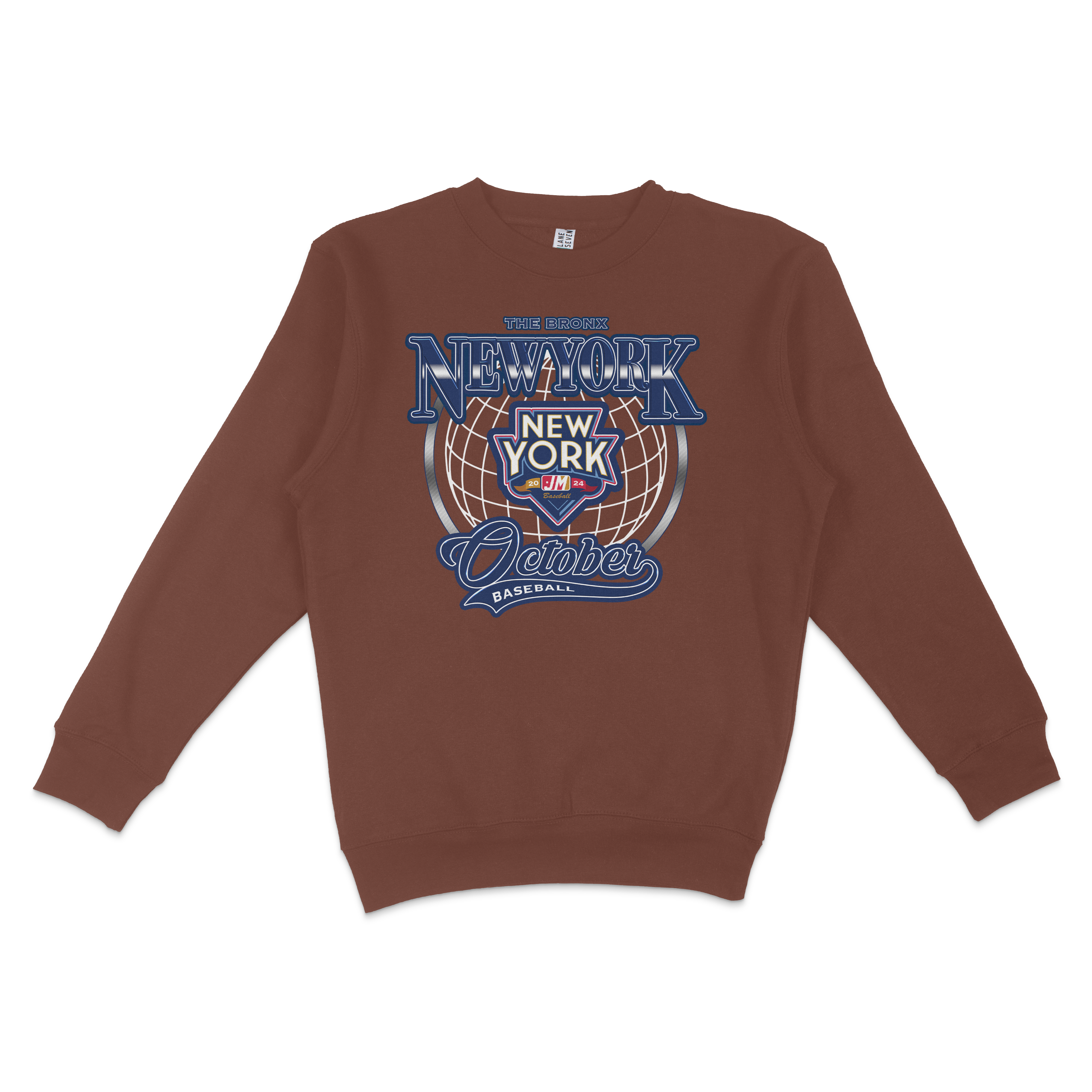 Brown crewneck sweatshirt featuring a colorful graphic design with "October" and "New York" text, a globe, and baseball-themed elements.