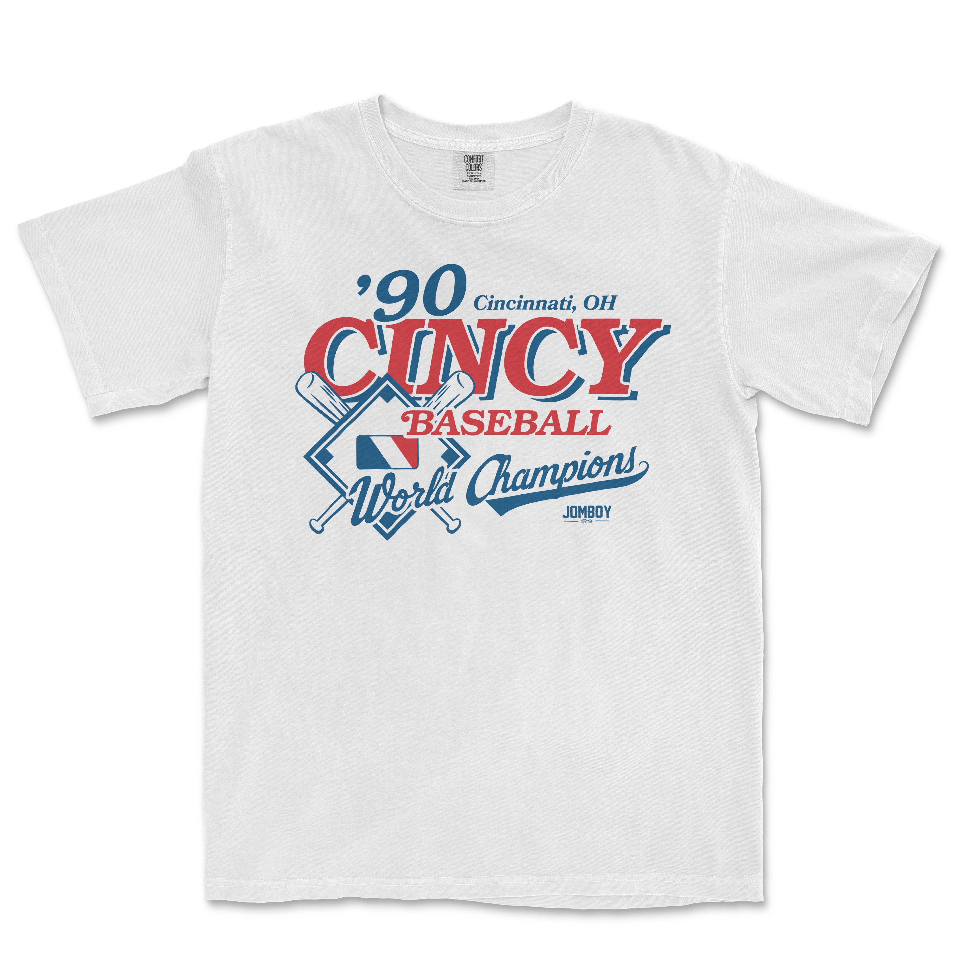 White Comfort Colors tee featuring vintage Cincinnati, OH 1990 World Series Champions baseball graphic with crossed bats and team logo.