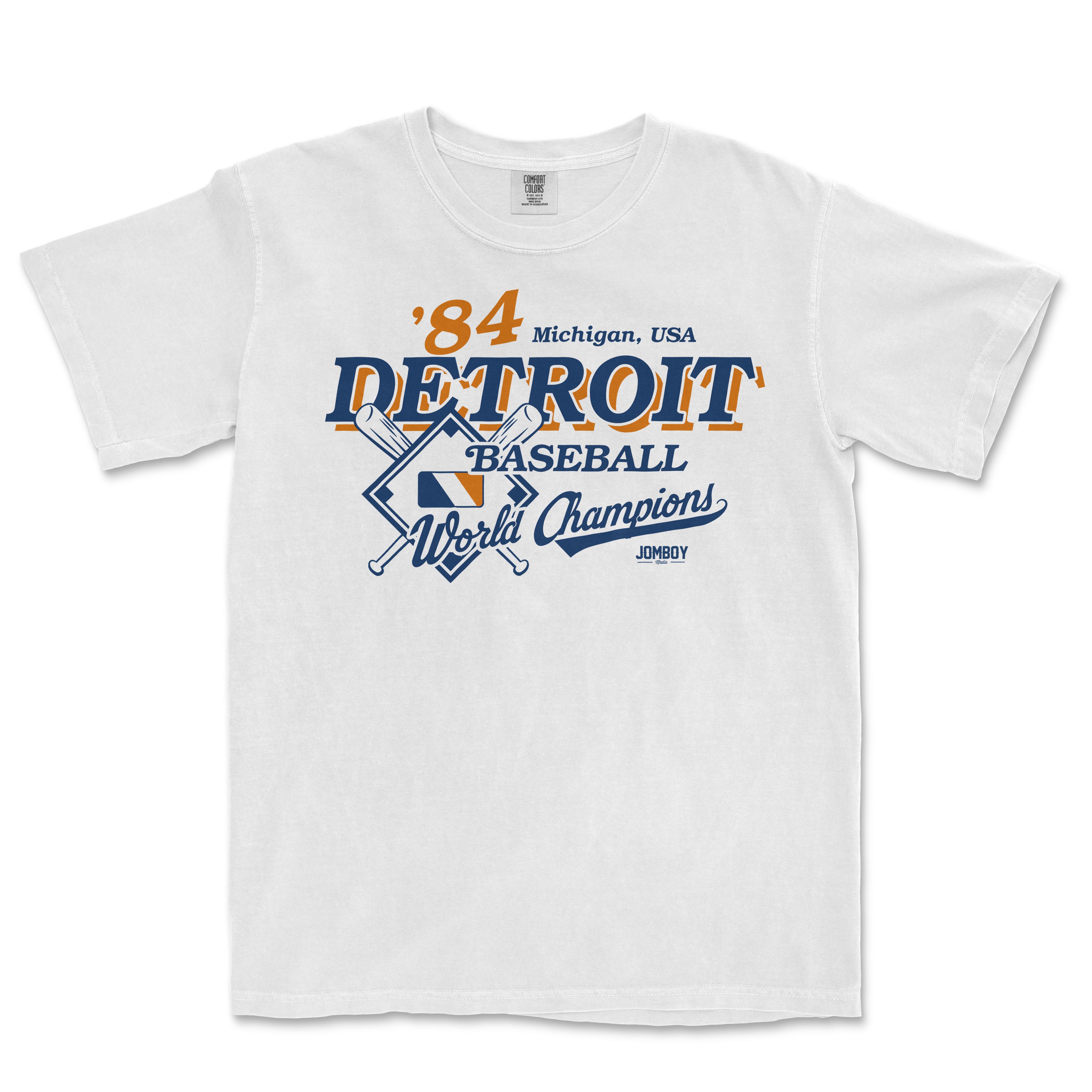 White Comfort Colors tee featuring vintage Detroit 1984 World Series Champions baseball design with crossed bats and team logo.