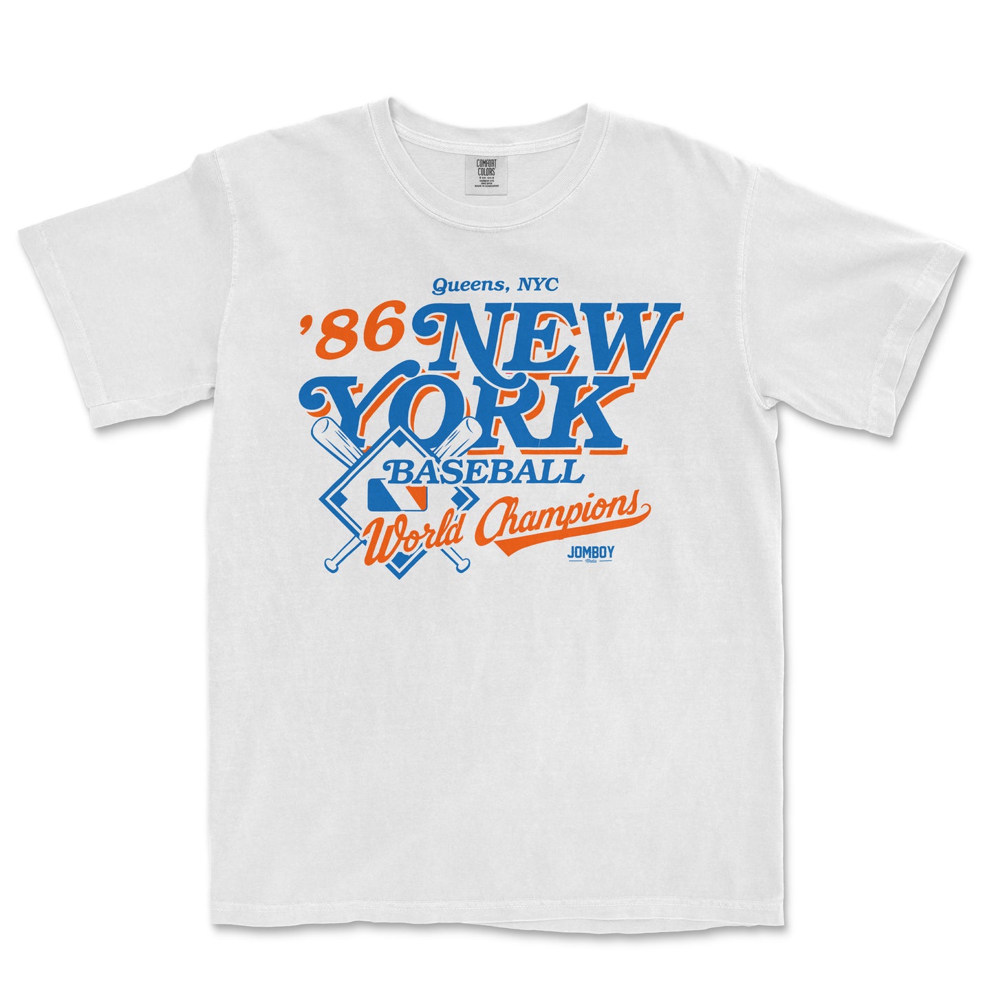 White Comfort Colors T-shirt featuring vintage-style New York Yankees baseball graphic with orange and blue text and crossed bats.