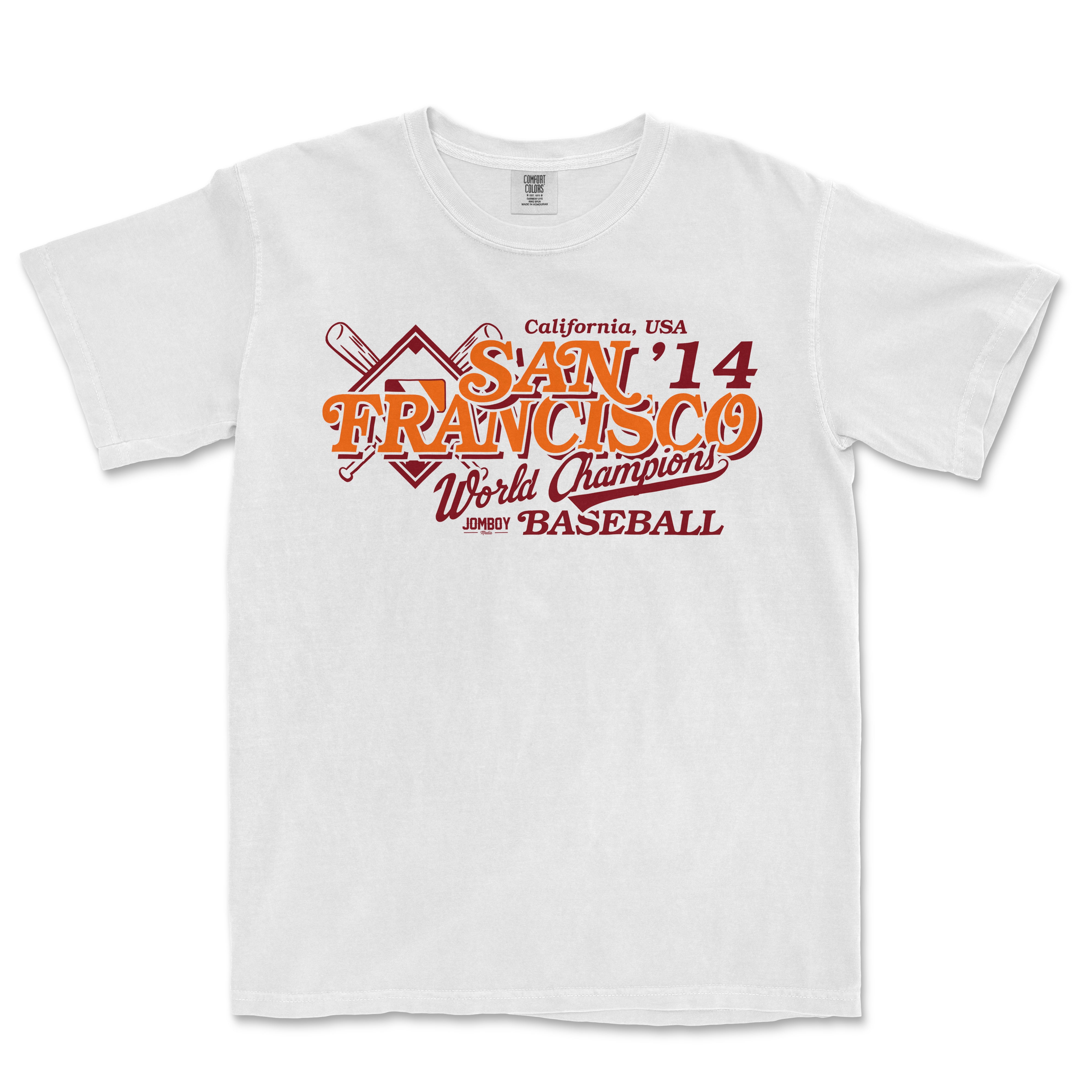 White T-shirt with "SF City Vintage" San Francisco 2014 World Series Champions baseball graphic in orange and maroon text.