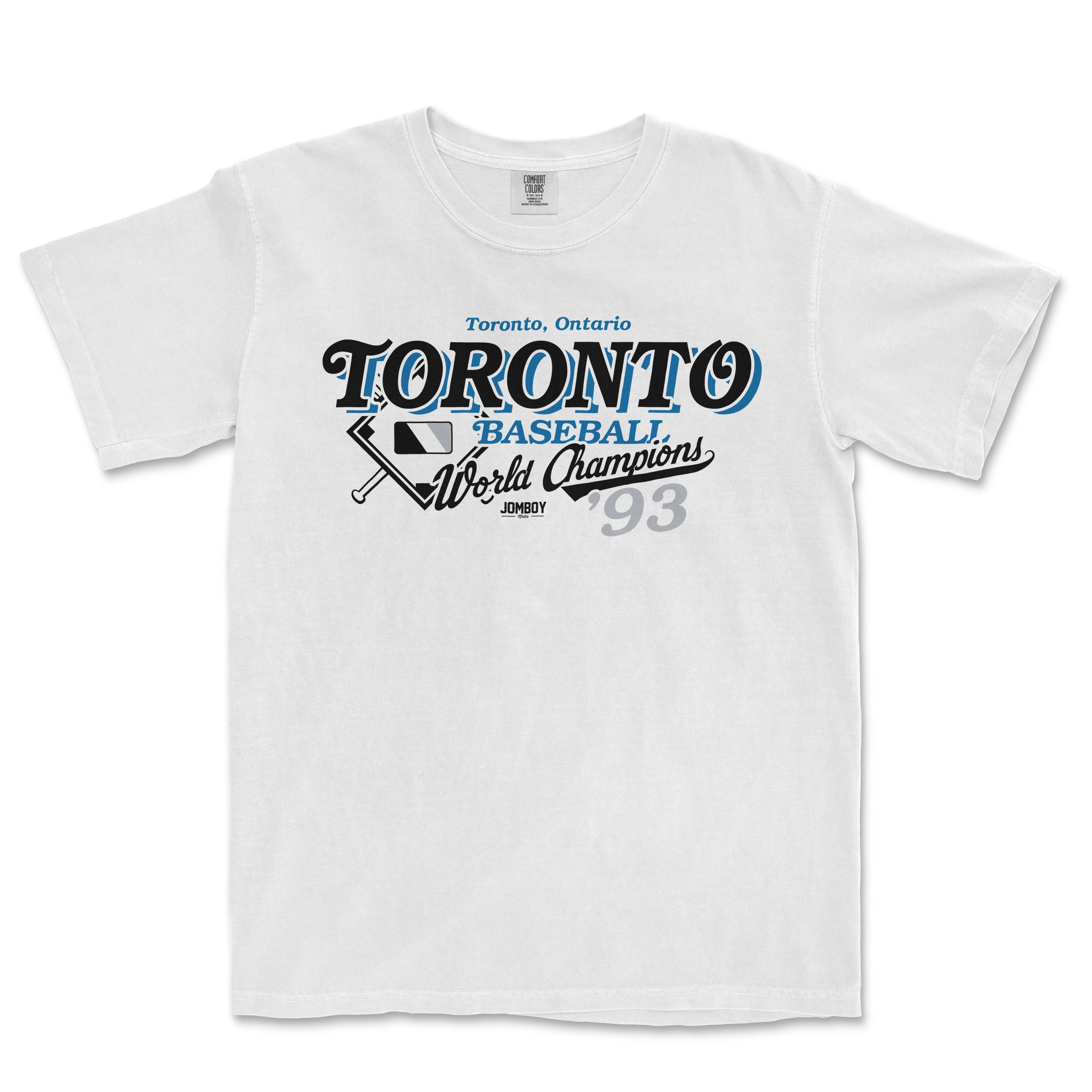 White vintage-style T-shirt featuring "Toronto, Ontario" and "Baseball World Champions '93" text with a baseball graphic.