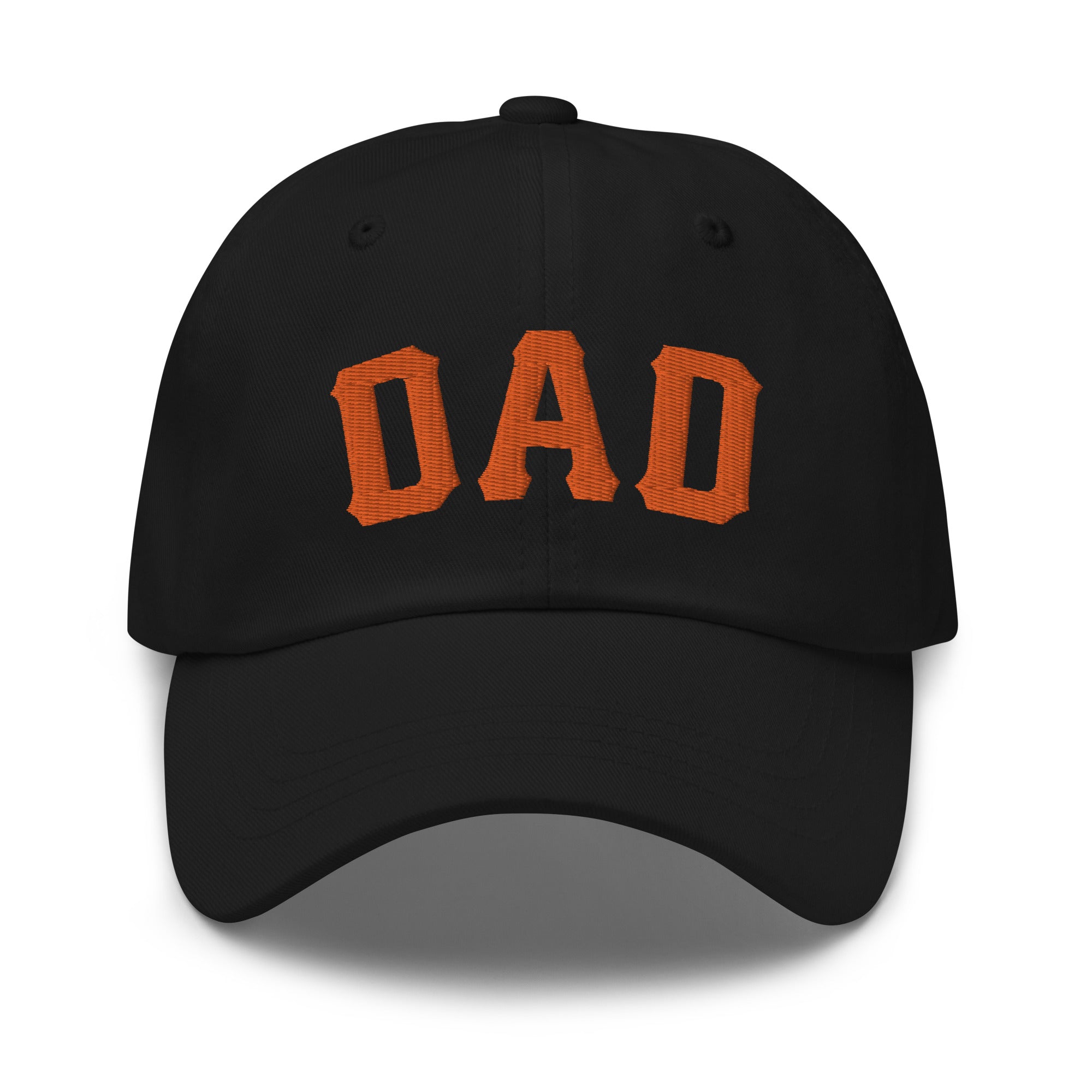 Black dad hat with orange embroidered "DAD" text on the front, perfect for San Francisco baseball dads.
