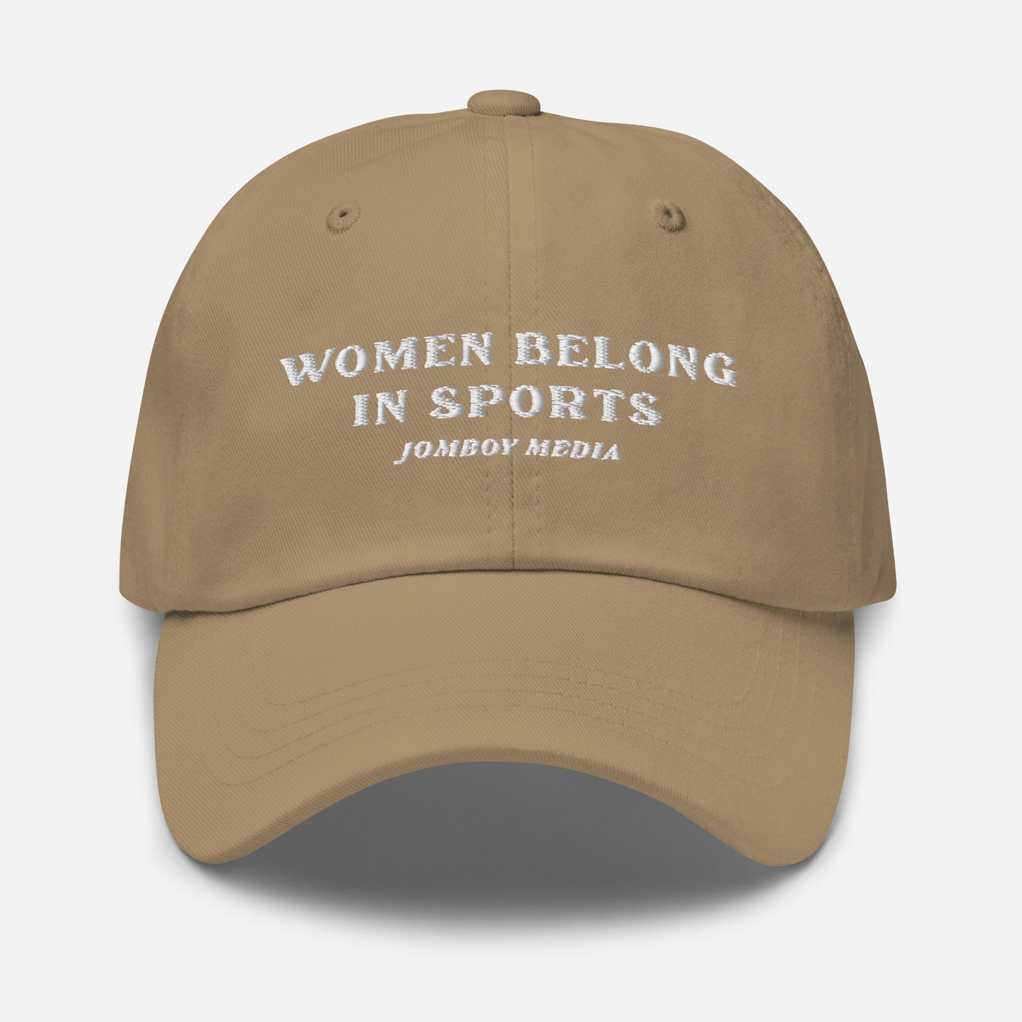 Beige dad hat with white embroidered text: "Women Belong in Sports" and "Jombo Media" underneath.