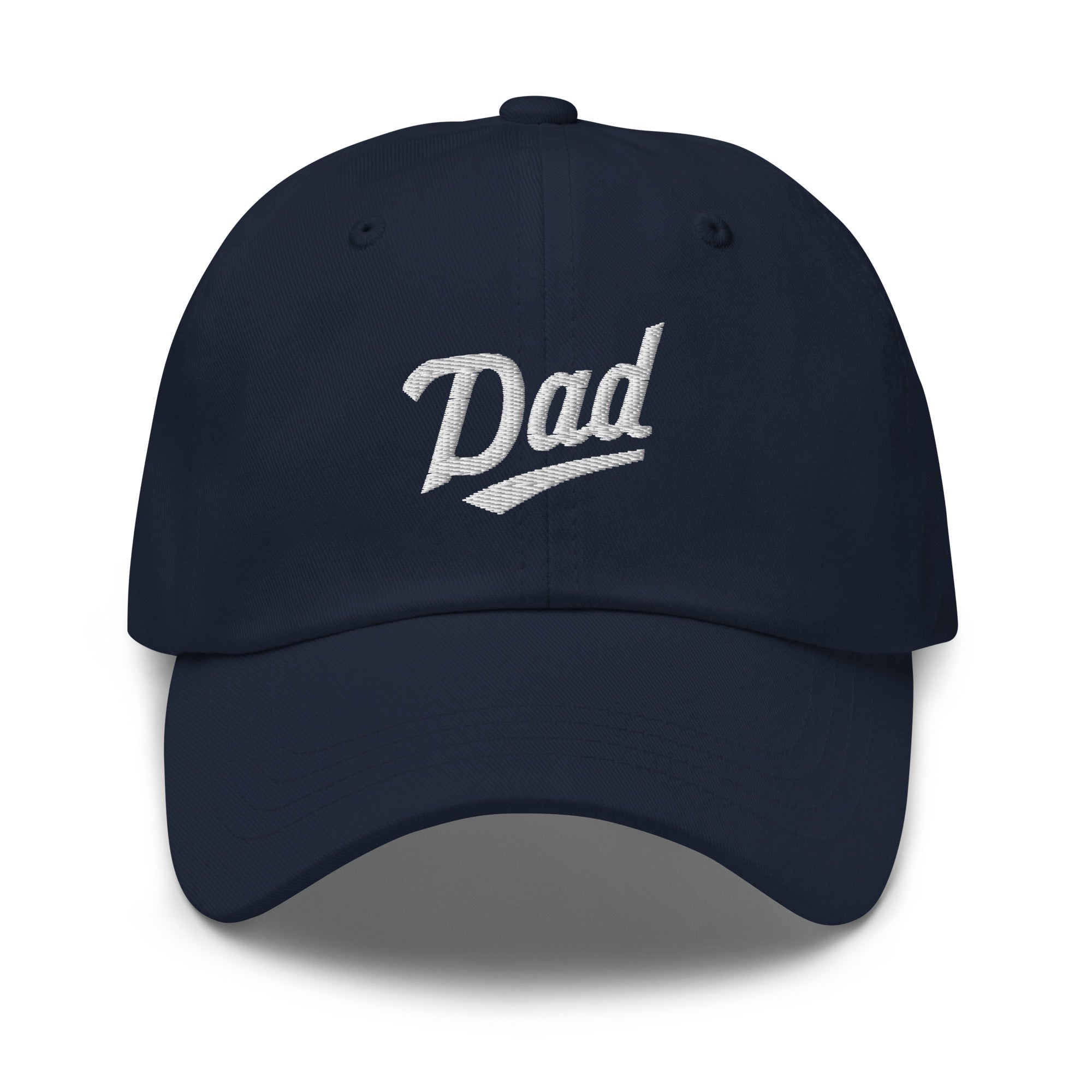 Navy dad hat with white embroidered "Dad" text and a curved brim, perfect for Minnesota baseball dads.
