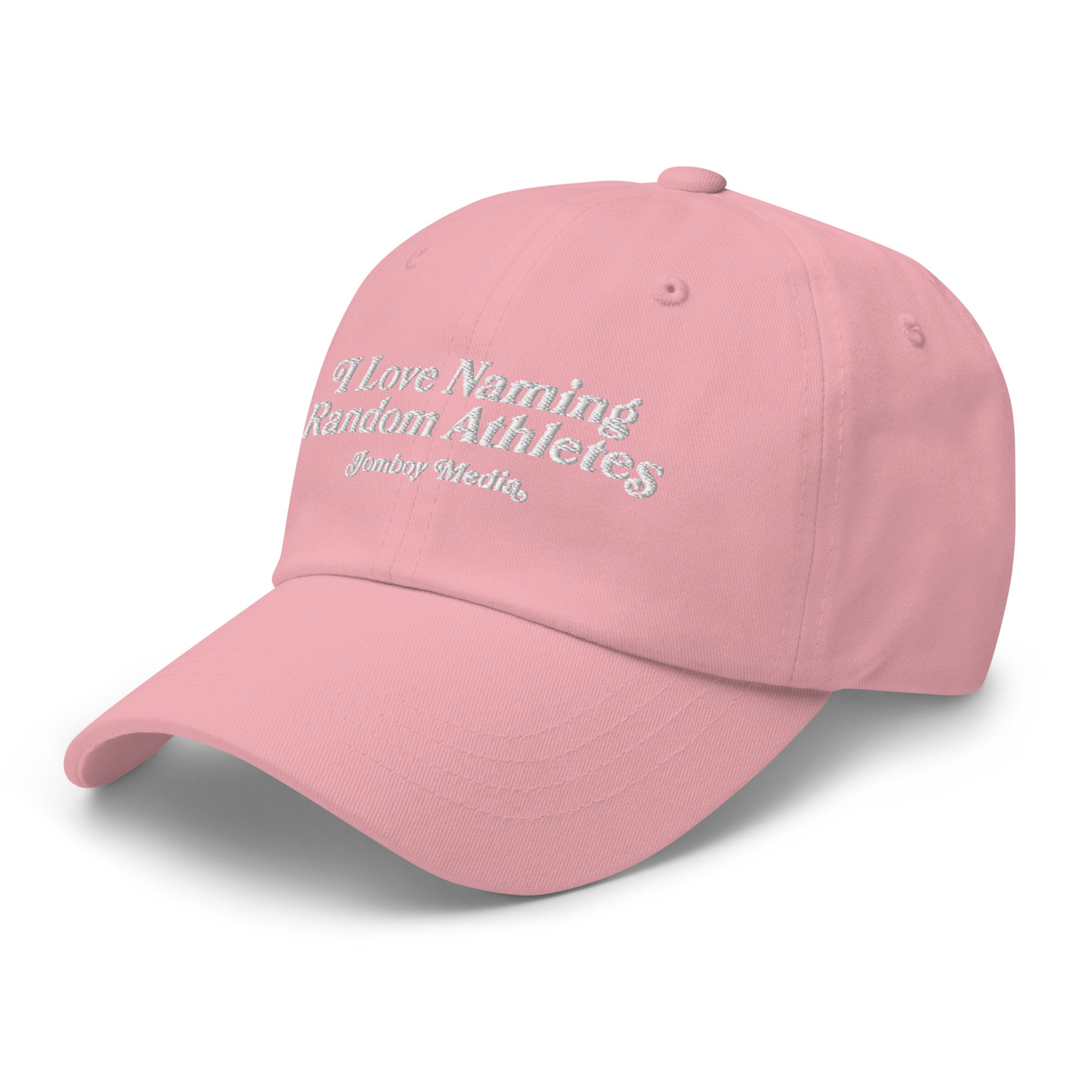 Pink dad hat with embroidered text: "I Love Naming Random Athletes" and "Jomboy Media.