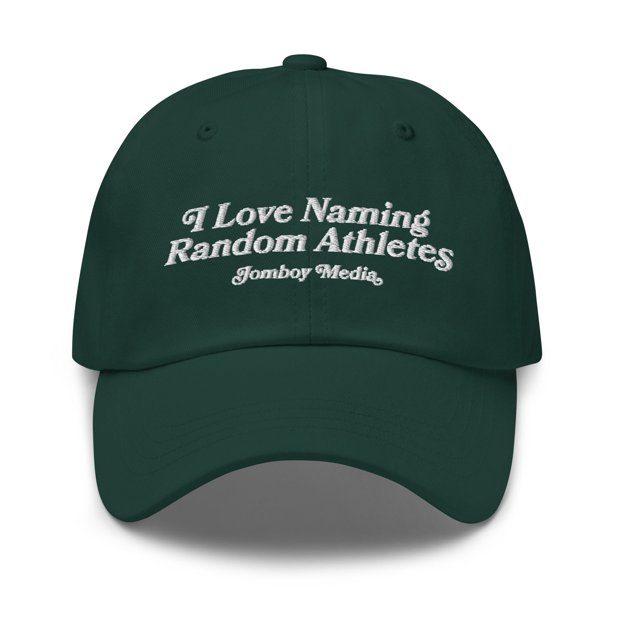 Green dad hat with white embroidered text: "I Love Naming Random Athletes" and "Jomboy Media" underneath.