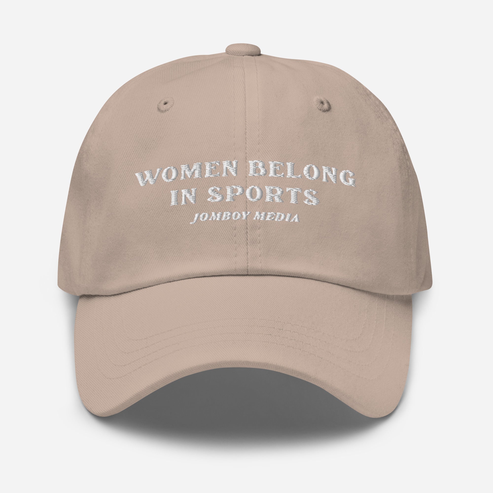 Beige dad hat with embroidered text "Women Belong in Sports" and "Jombo Media" on the front.