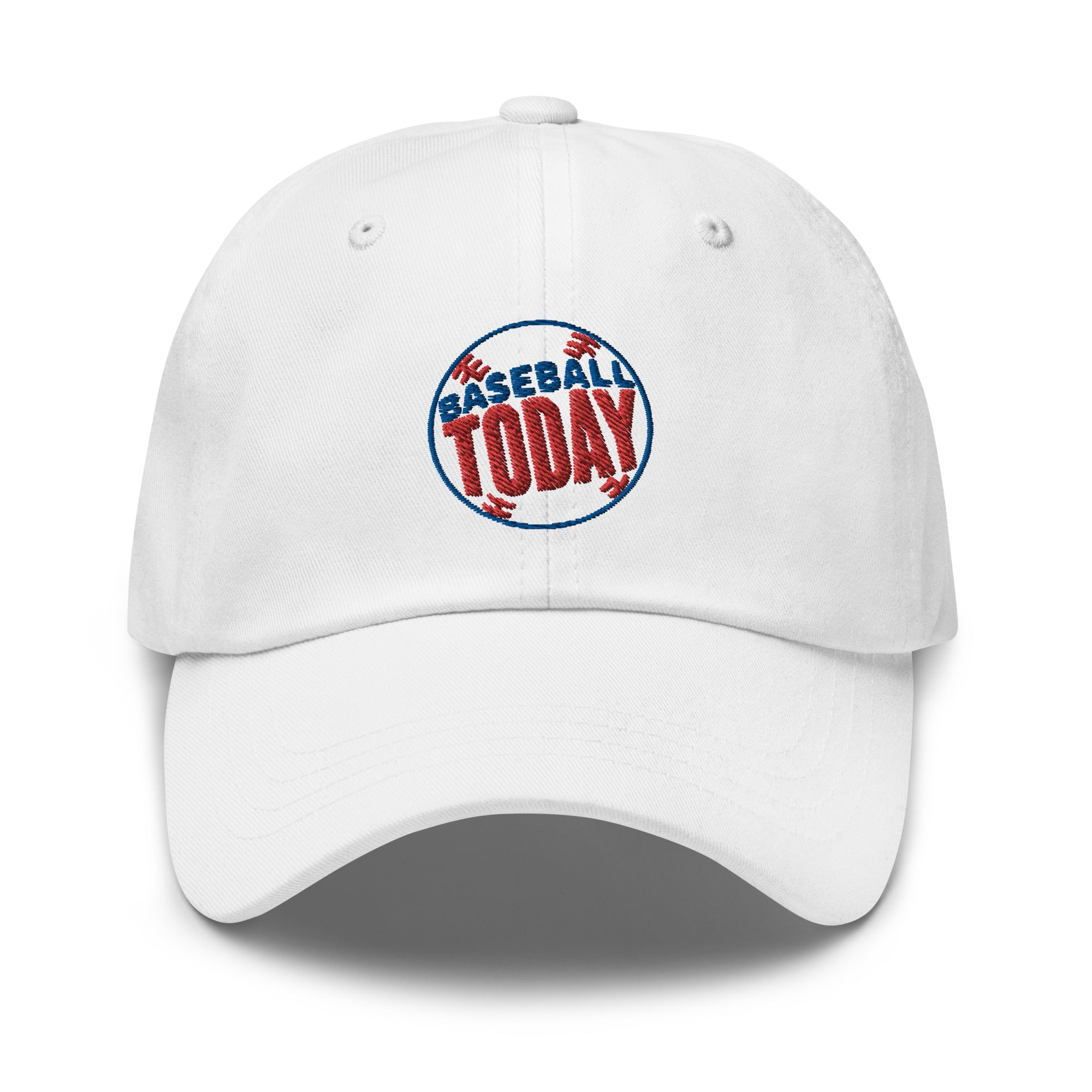 White dad hat with embroidered "Baseball Today" logo in red and blue on the front.