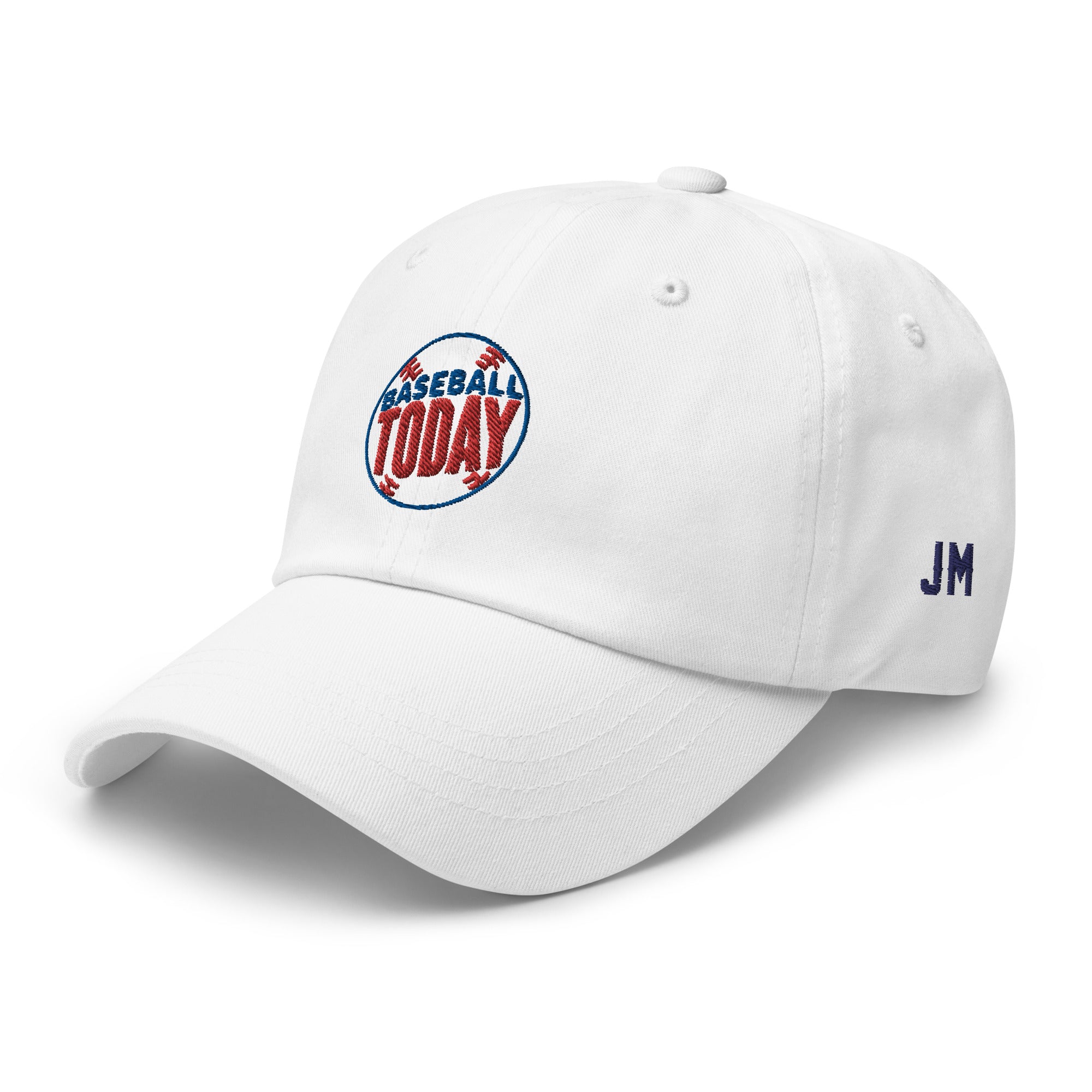 White dad hat with "Baseball Today" embroidered logo on front, and "JM" initials embroidered on the side.