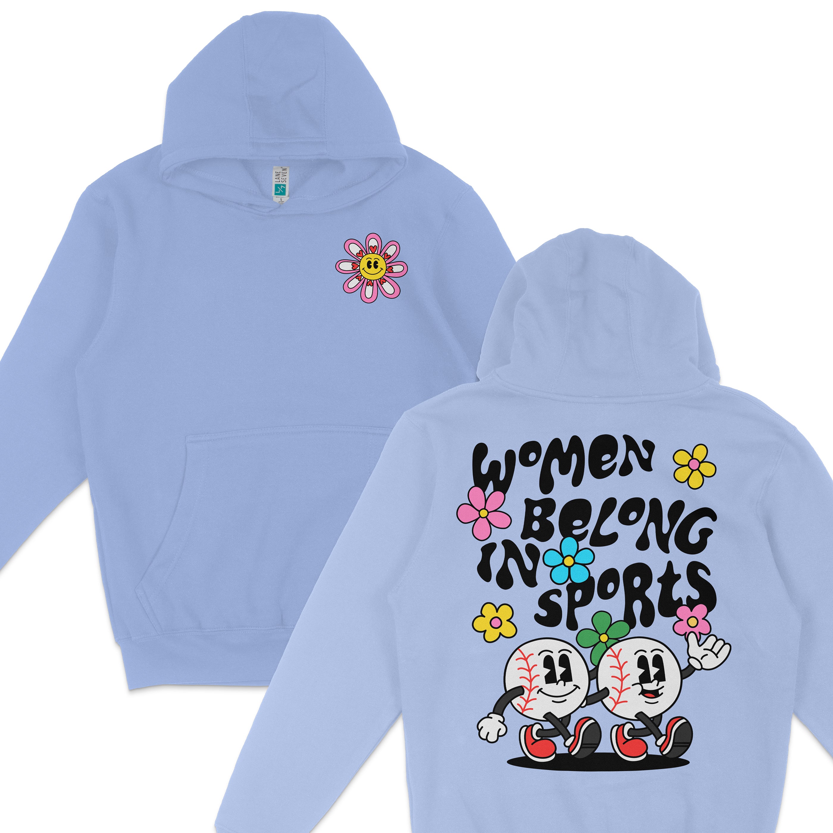 Light blue hoodie featuring a smiling flower patch on the front and a graphic with cartoon baseballs and colorful flowers on the back, promoting women in sports.