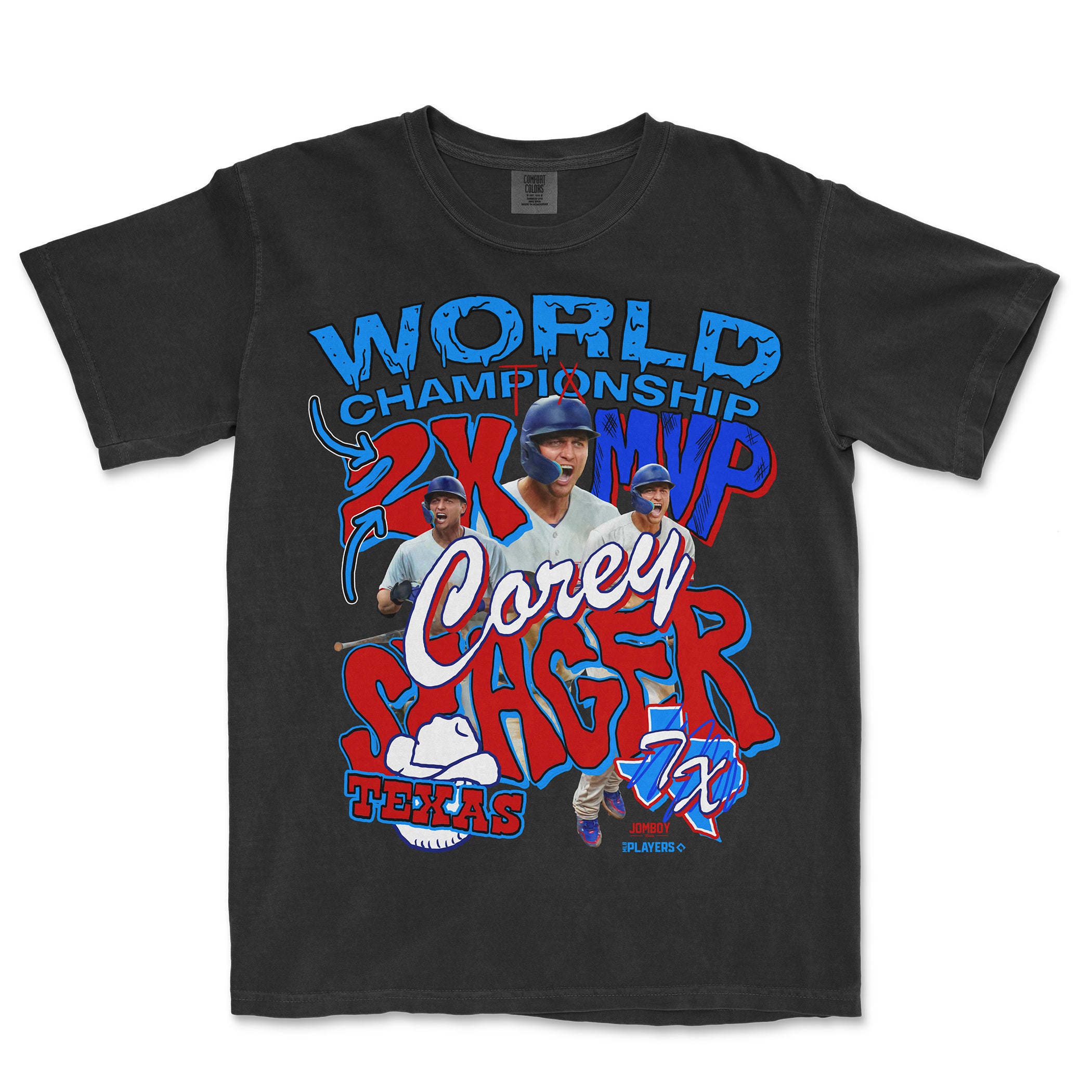Black Comfort Colors T-shirt featuring colorful graphics and images celebrating Corey Seager's 2x World Series MVP titles.