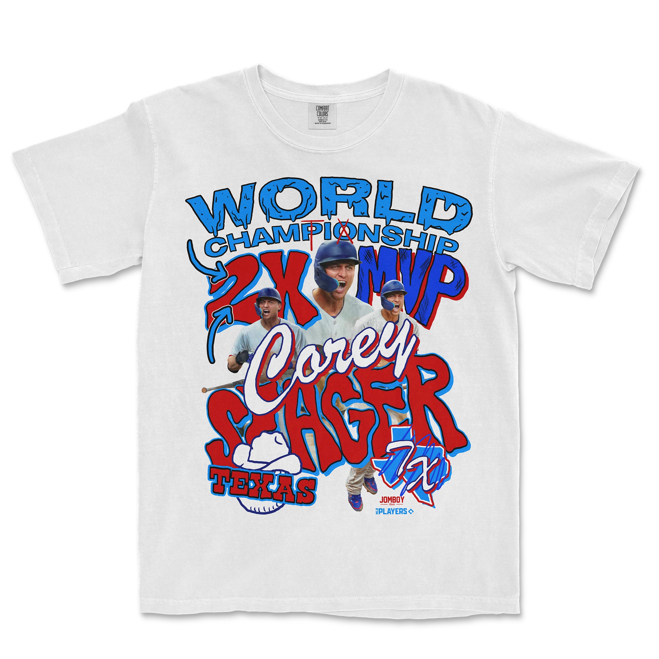 White Comfort Colors T-shirt featuring colorful graphics and photos celebrating Corey Seager's 2x World Series MVP and championship.
