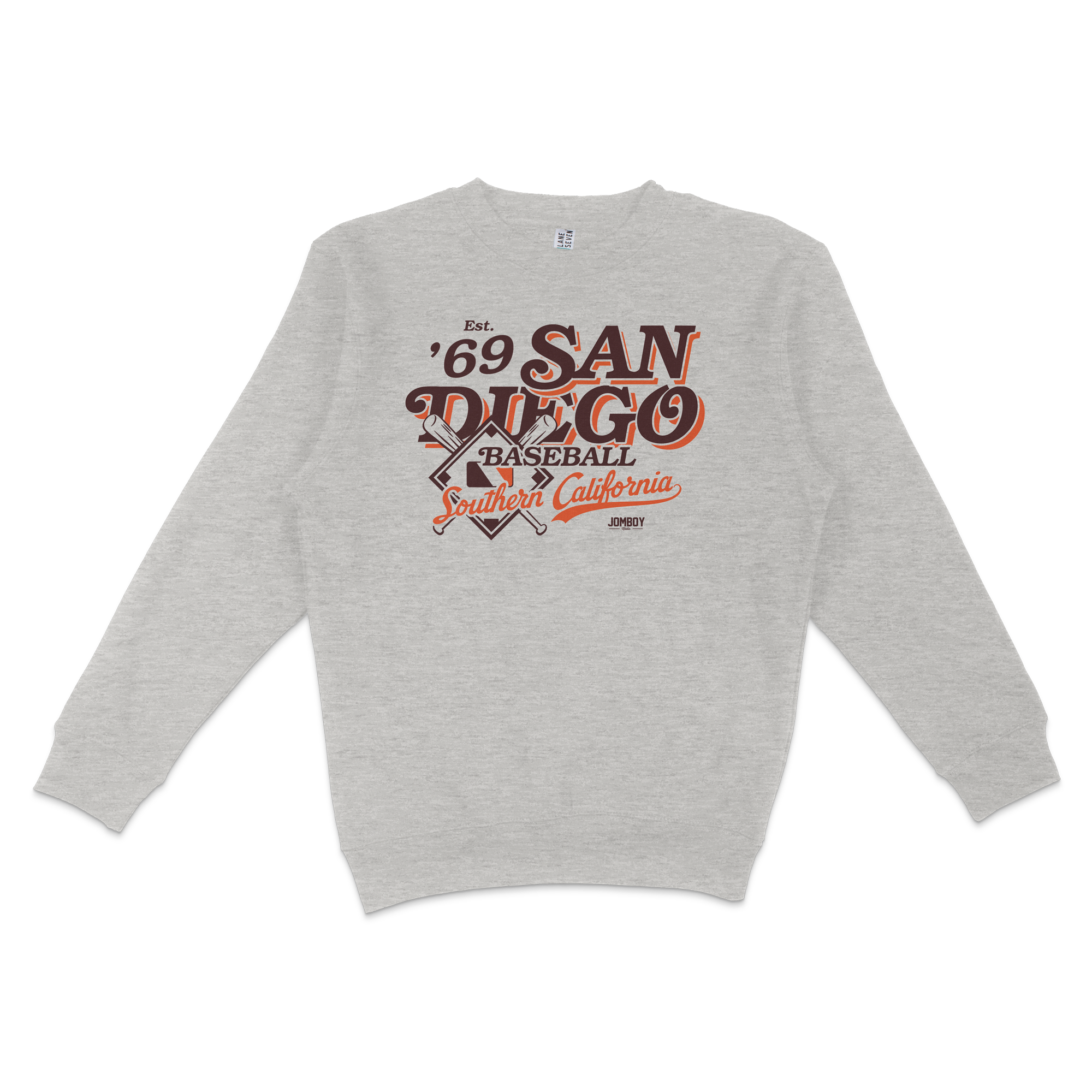Gray crewneck sweatshirt featuring vintage-style San Diego baseball graphic with text, crossed bats, and Southern California theme.