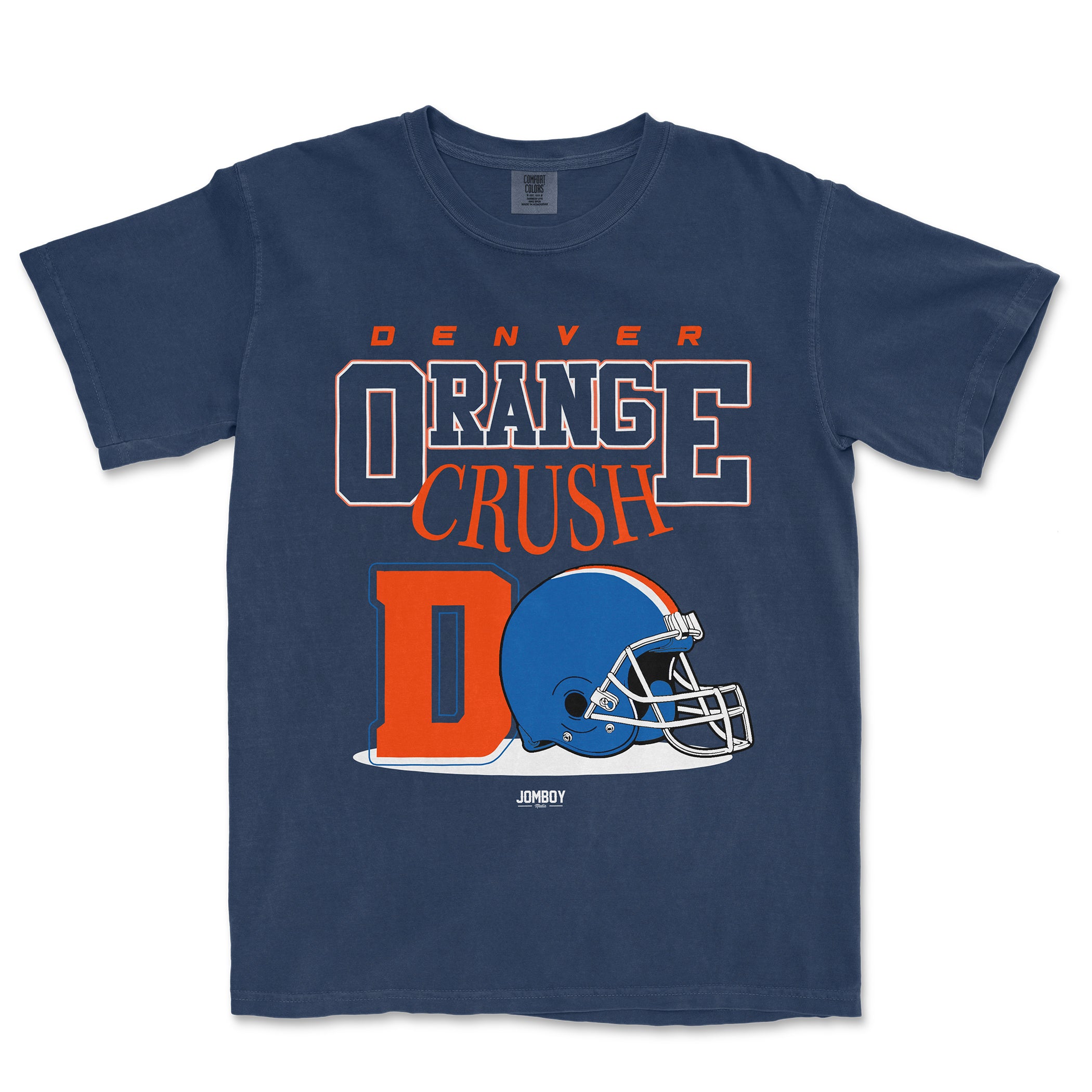 Blue Comfort Colors T-shirt featuring "Denver Orange Crush" football team graphic with a helmet and bold text design.