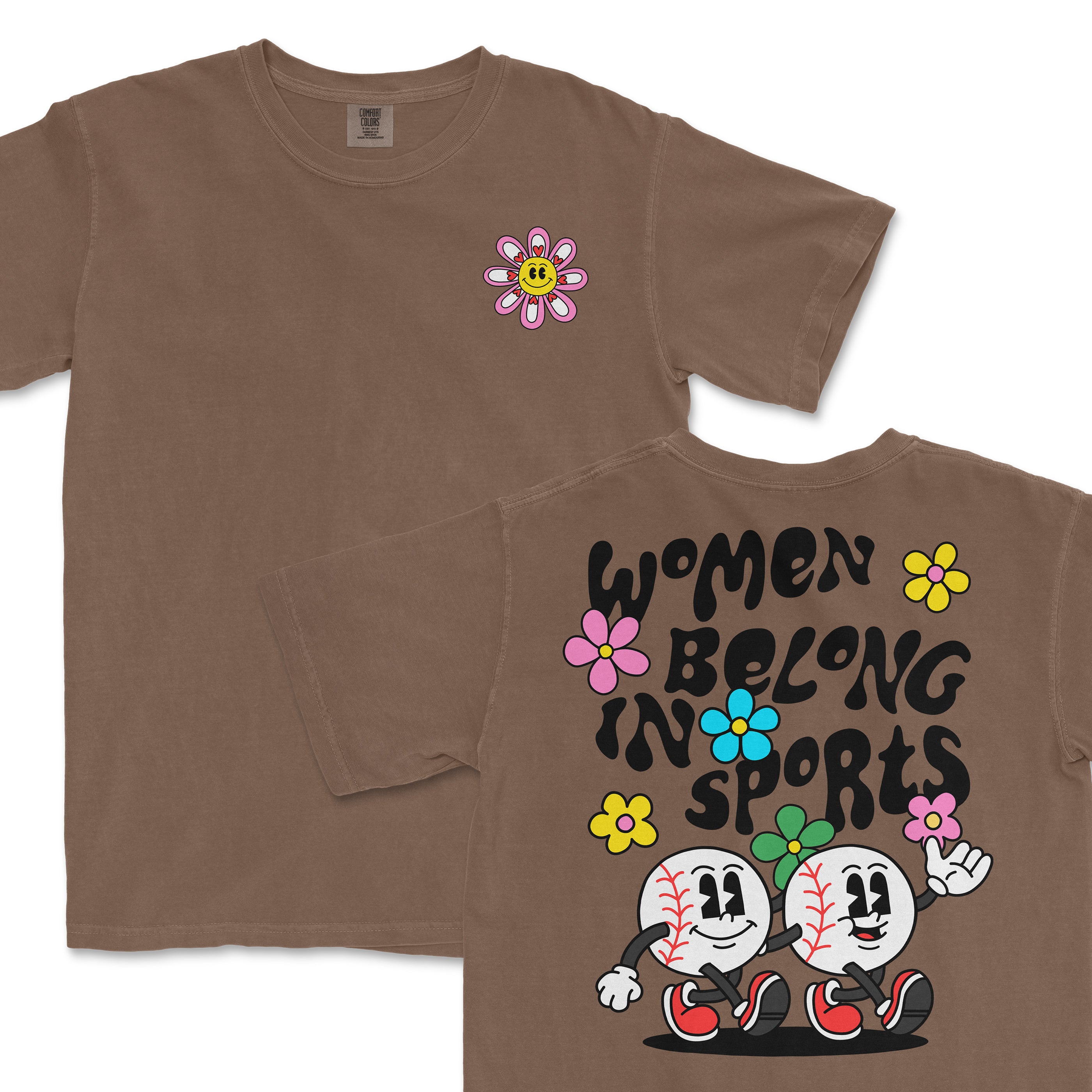 Brown T-shirt with colorful cartoon baseballs, flowers, and the slogan "Women Belong in Sports" on the back.