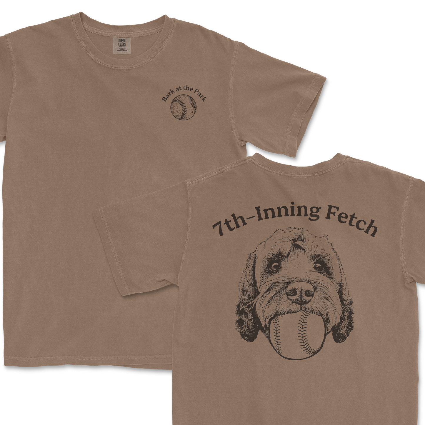 Beige Comfort Colors T-shirt featuring a dog with a baseball in its mouth and "7th-Inning Fetch" text on the back, and a baseball with "Bark at the Park" on the front.