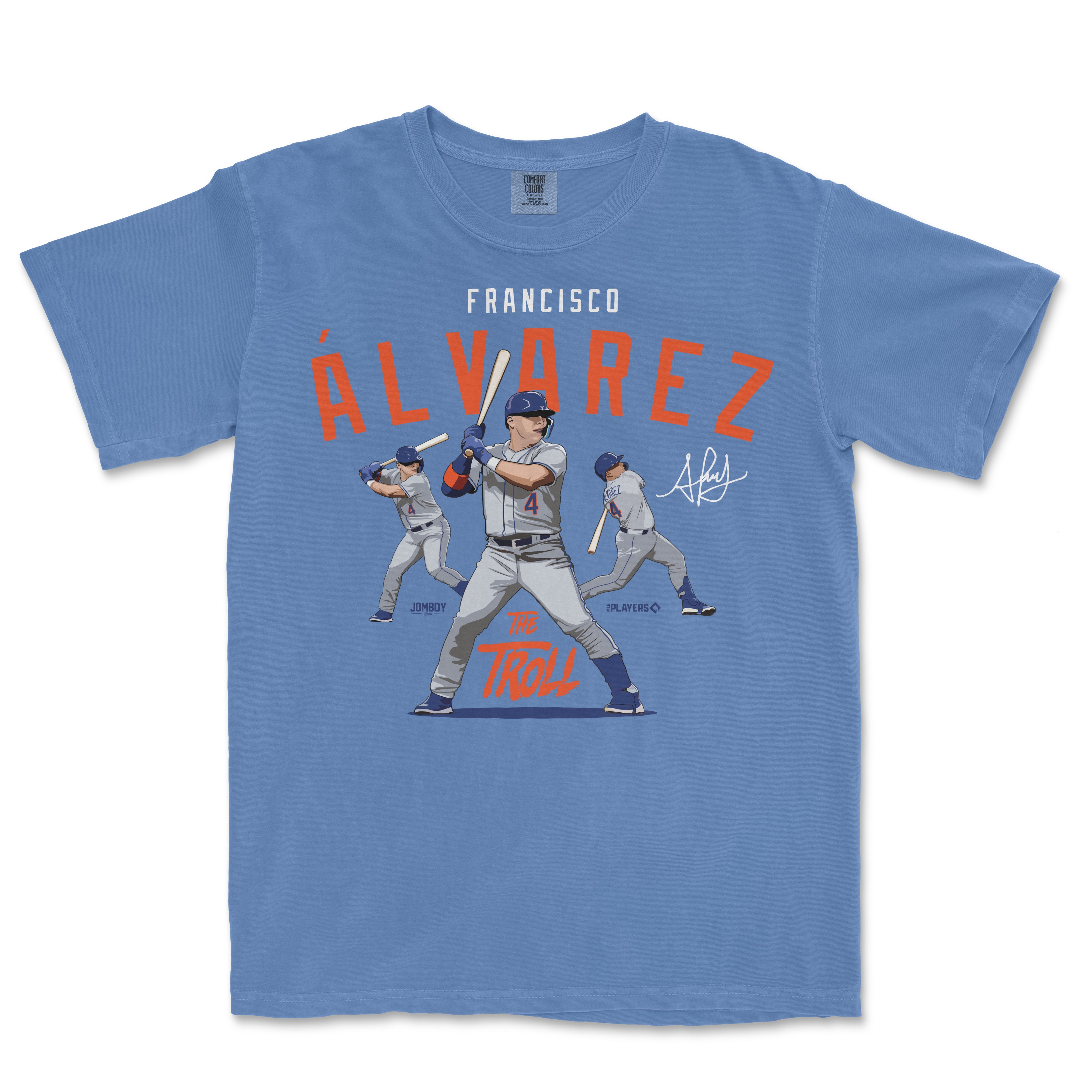 Blue T-shirt featuring animated illustrations of Francisco Álvarez in baseball poses, with his name, signature, and "The Troll" text.