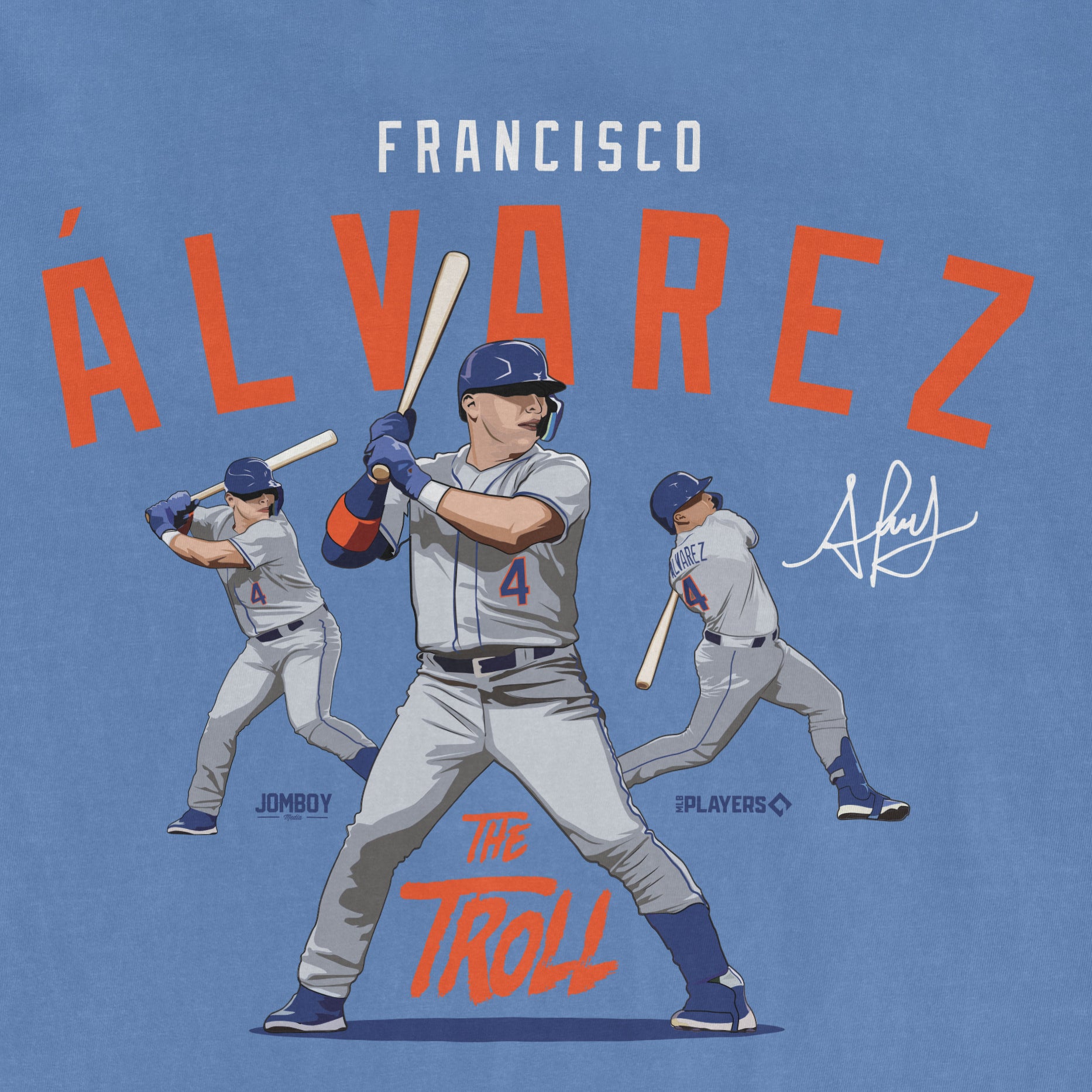 Illustration of Francisco Alvarez in baseball uniform, with dynamic poses, signature, and text "The Troll" on a blue background.