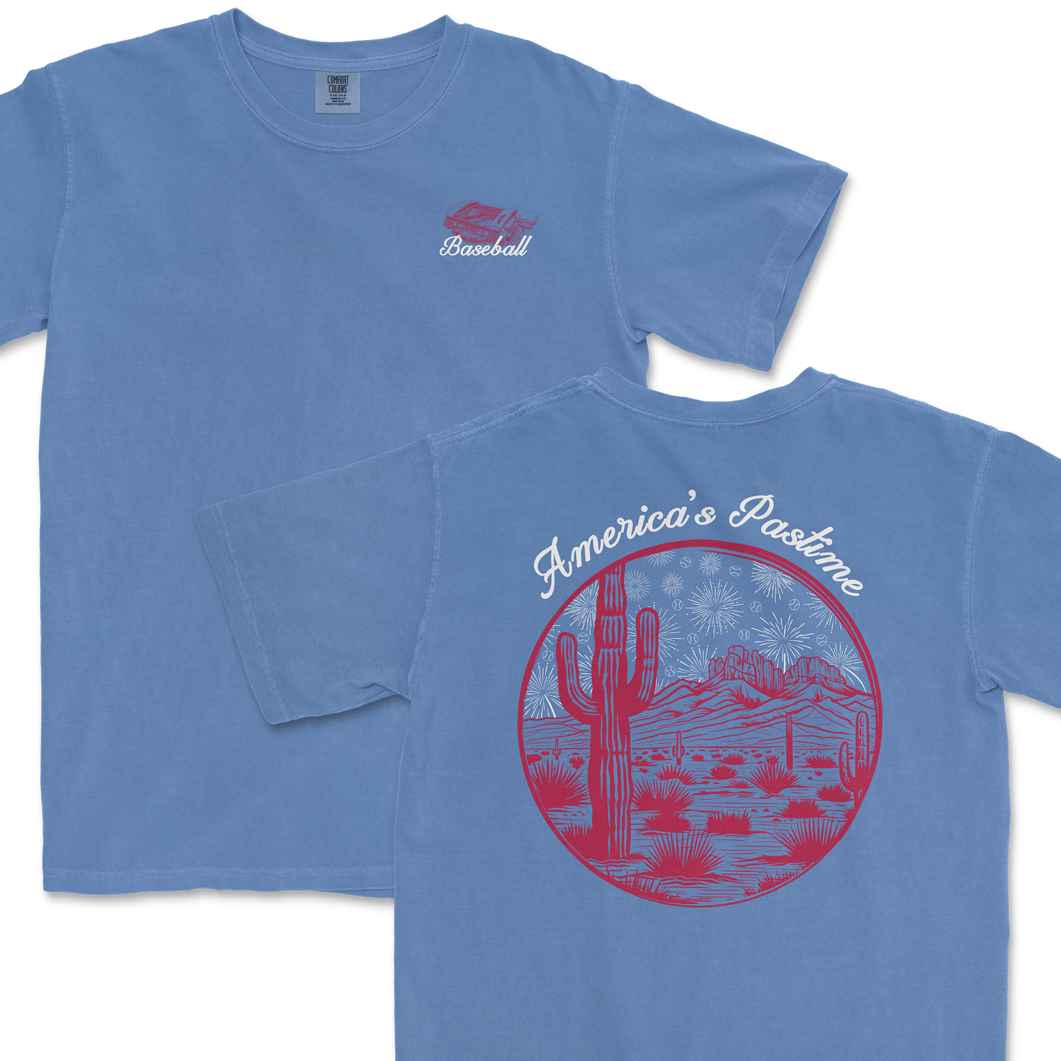 Light blue t-shirt featuring a baseball graphic on the front and a desert scene with "America's Pastime" on the back.