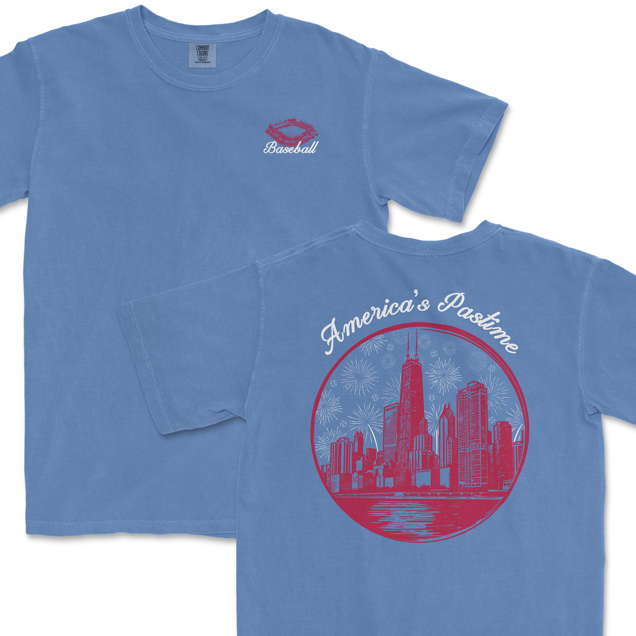 Light blue t-shirt featuring a baseball graphic on the front and a city skyline with "America's Pastime" on the back.