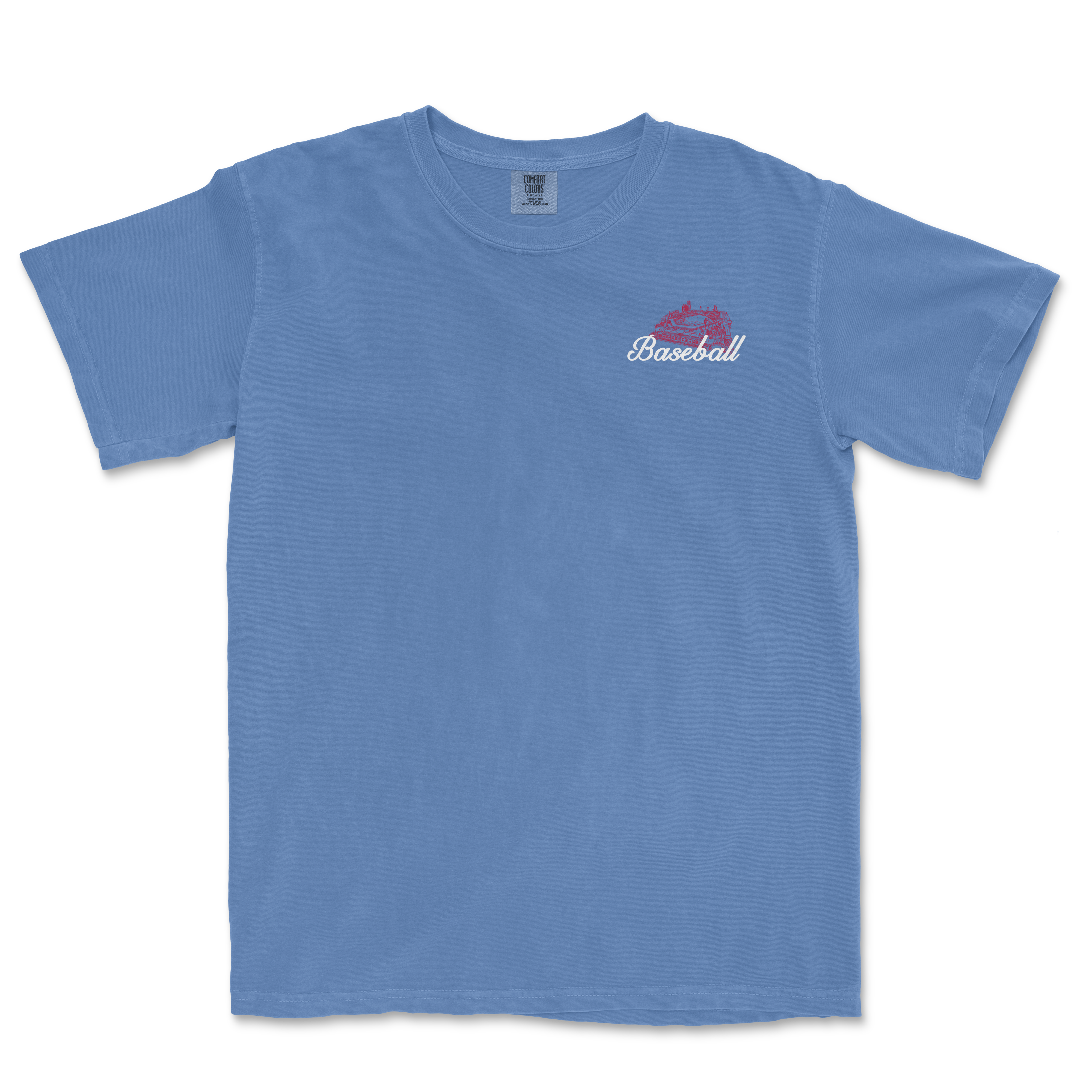 Light blue t-shirt featuring a red graphic with the word "Baseball" and a baseball diamond design.