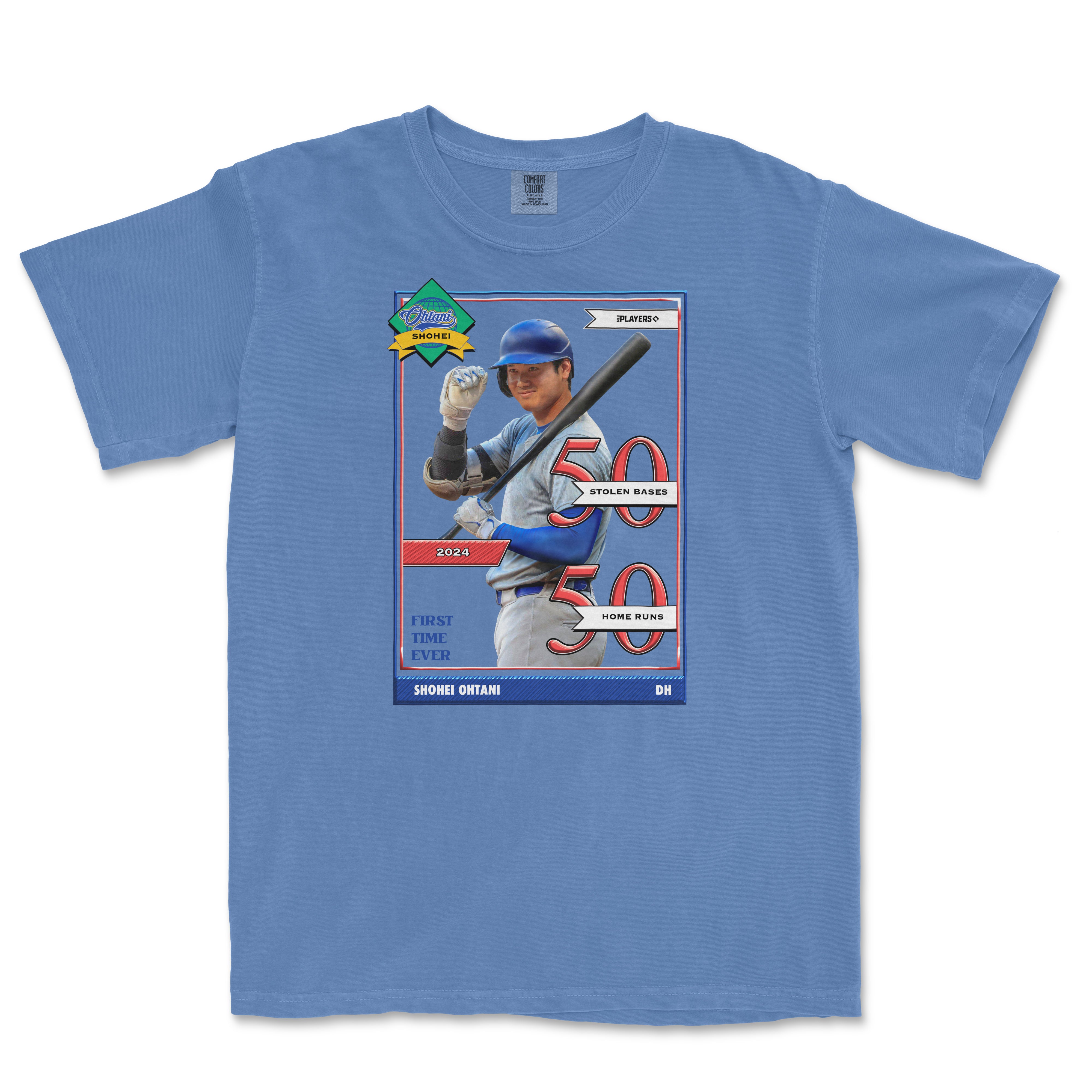 Blue T-shirt featuring Shohei Ohtani with a baseball bat, celebrating his 50 home runs, stolen bases, and first-time achievements.