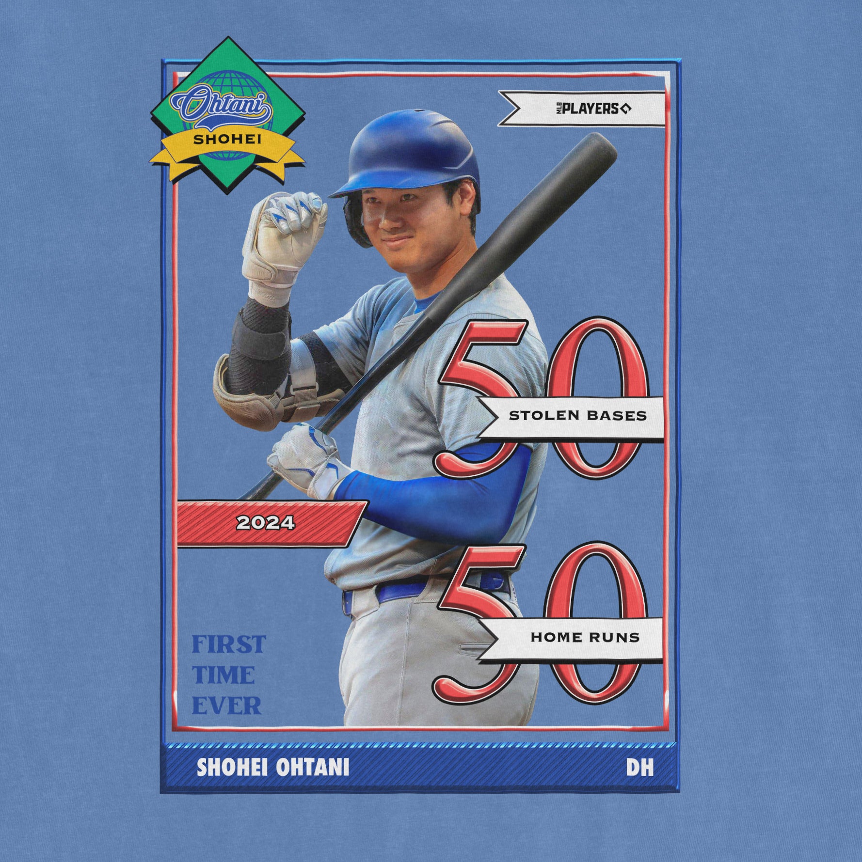 Card featuring Shohei Ohtani with stats: 50 stolen bases, 50 home runs, first time ever, 2024, wearing a helmet and holding a bat.
