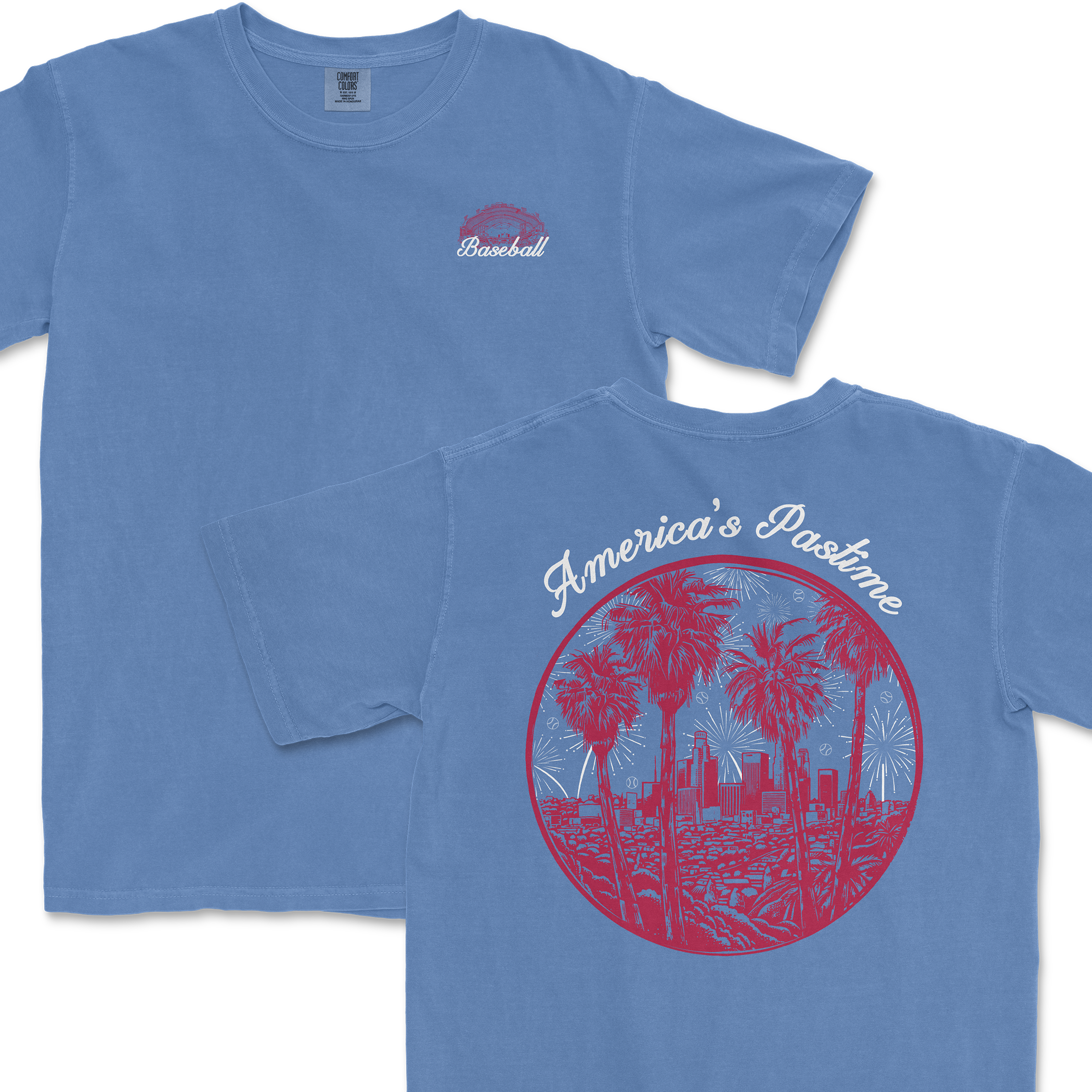 Blue t-shirt featuring a baseball graphic on the front and "America's Pastime" with palm trees and a city skyline on the back.
