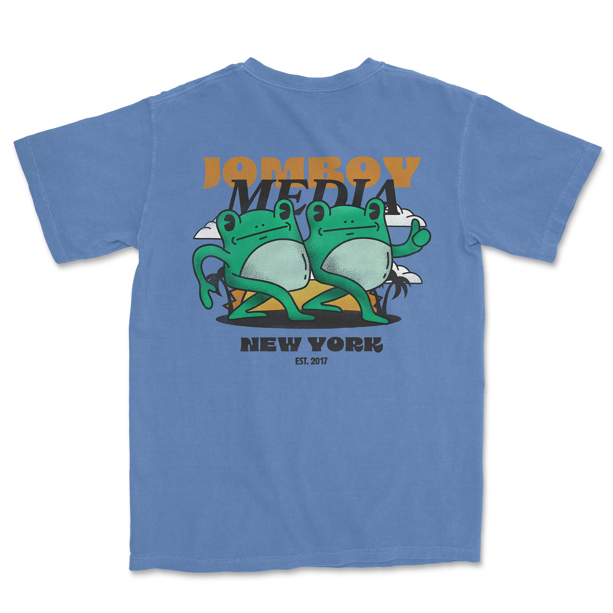 Blue Comfort Colors T-shirt featuring two cartoon frogs sitting on a bench with "Jamboy Media" and "New York" text, established 2017.