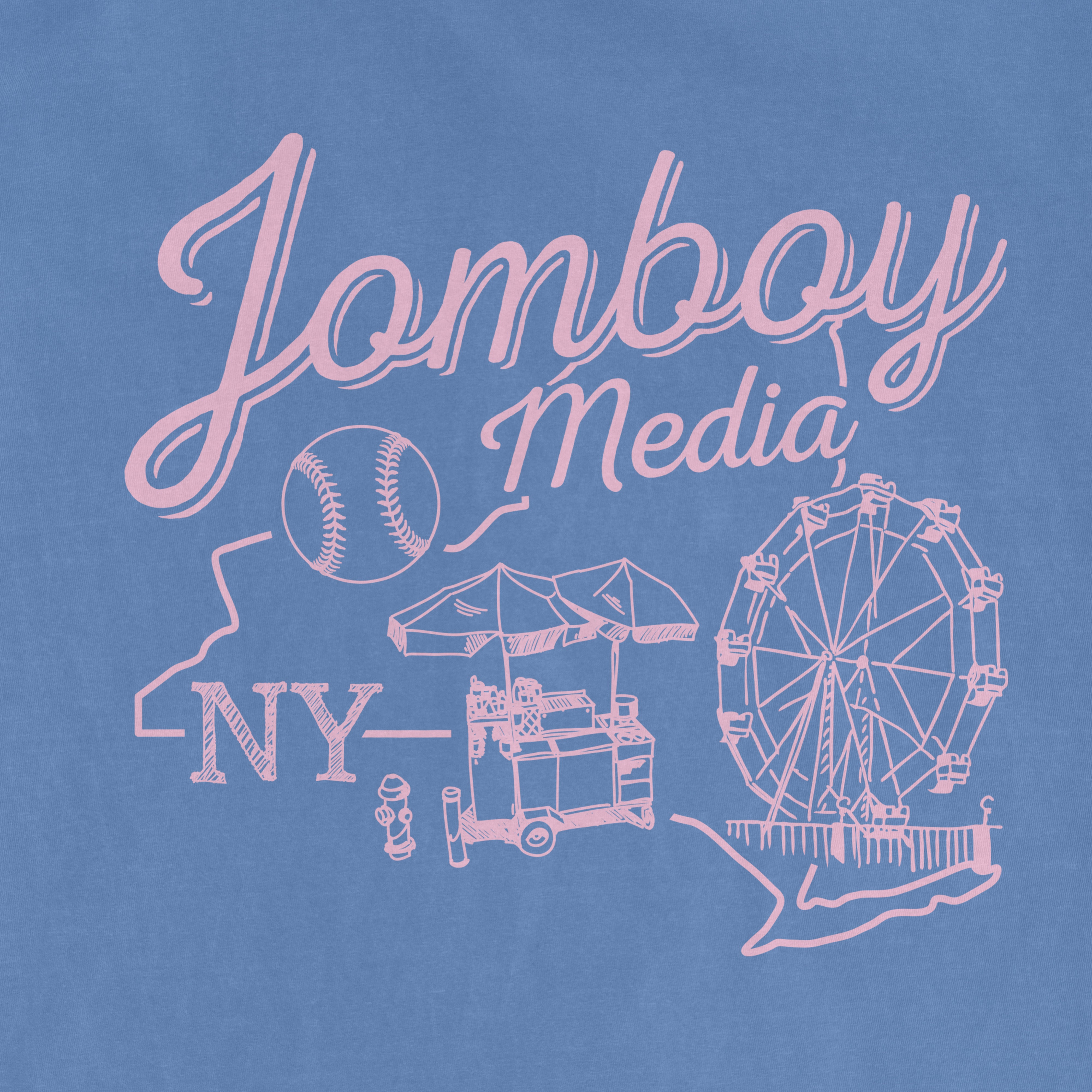 Pink line drawing of a Ferris wheel, baseball, food cart, and umbrella on a blue background, with "Lomboy Media NY" text.