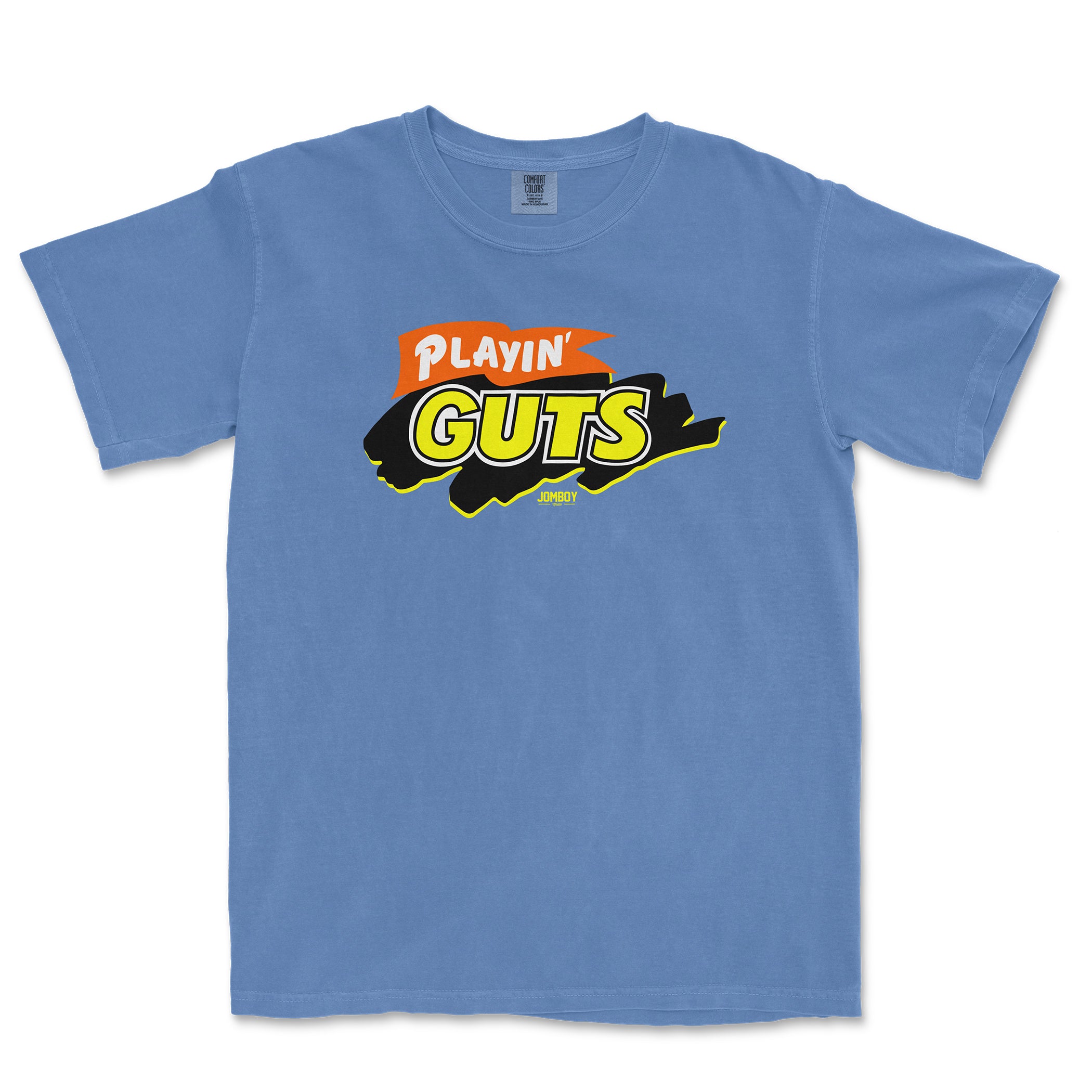 Blue T-shirt featuring a colorful "Playin' Guts" graphic logo with bold yellow, black, orange, and white text and design elements.