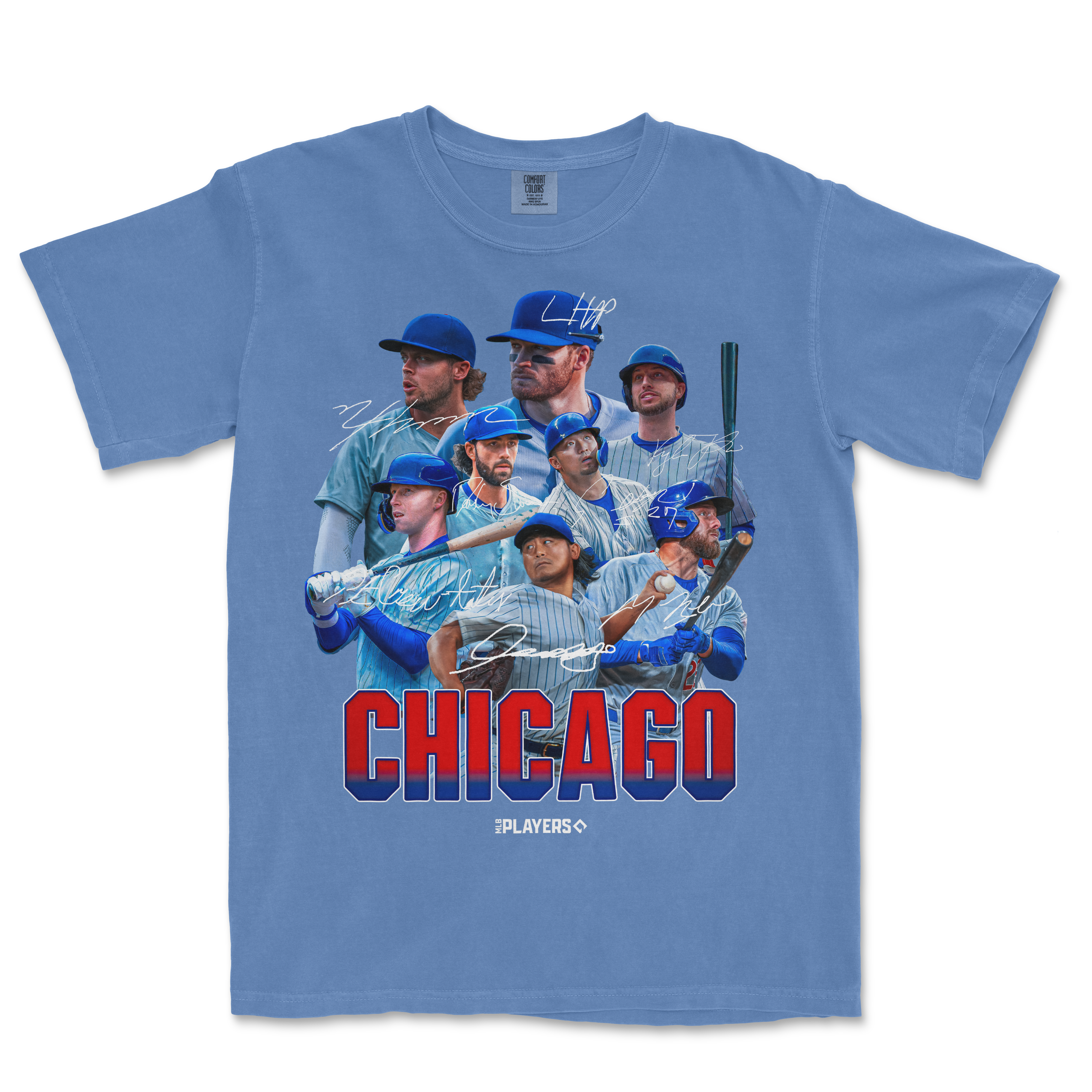 Blue Comfort Colors T-shirt featuring a Chicago baseball team graphic with multiple players, signatures, and bold "CHICAGO" text.