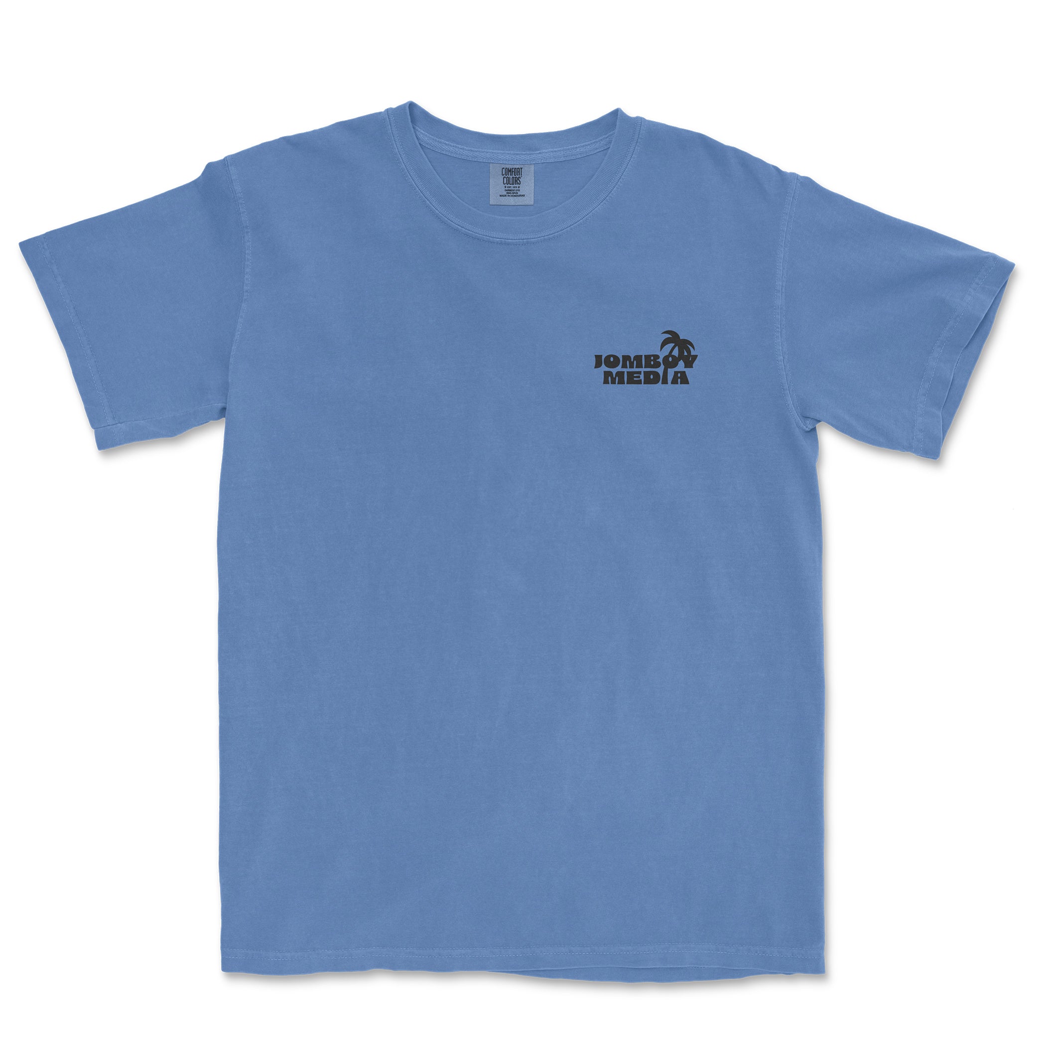 Blue Comfort Colors T-shirt with "Jombo Media" logo and a small palm tree graphic on the chest.