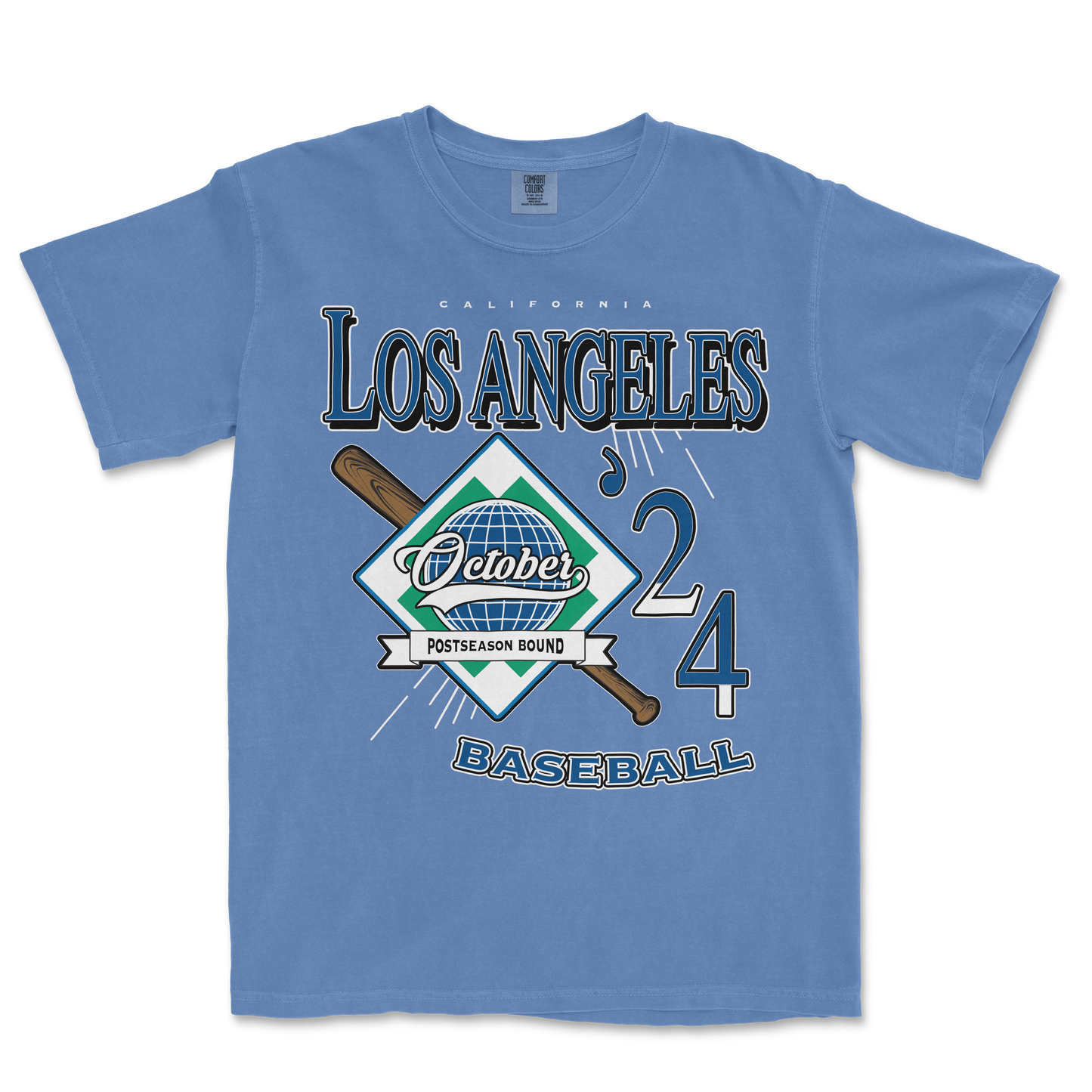 Light blue Comfort Colors T-shirt featuring a Los Angeles October 2024 baseball graphic with a bat, globe, and "Postseason Bound" banner.