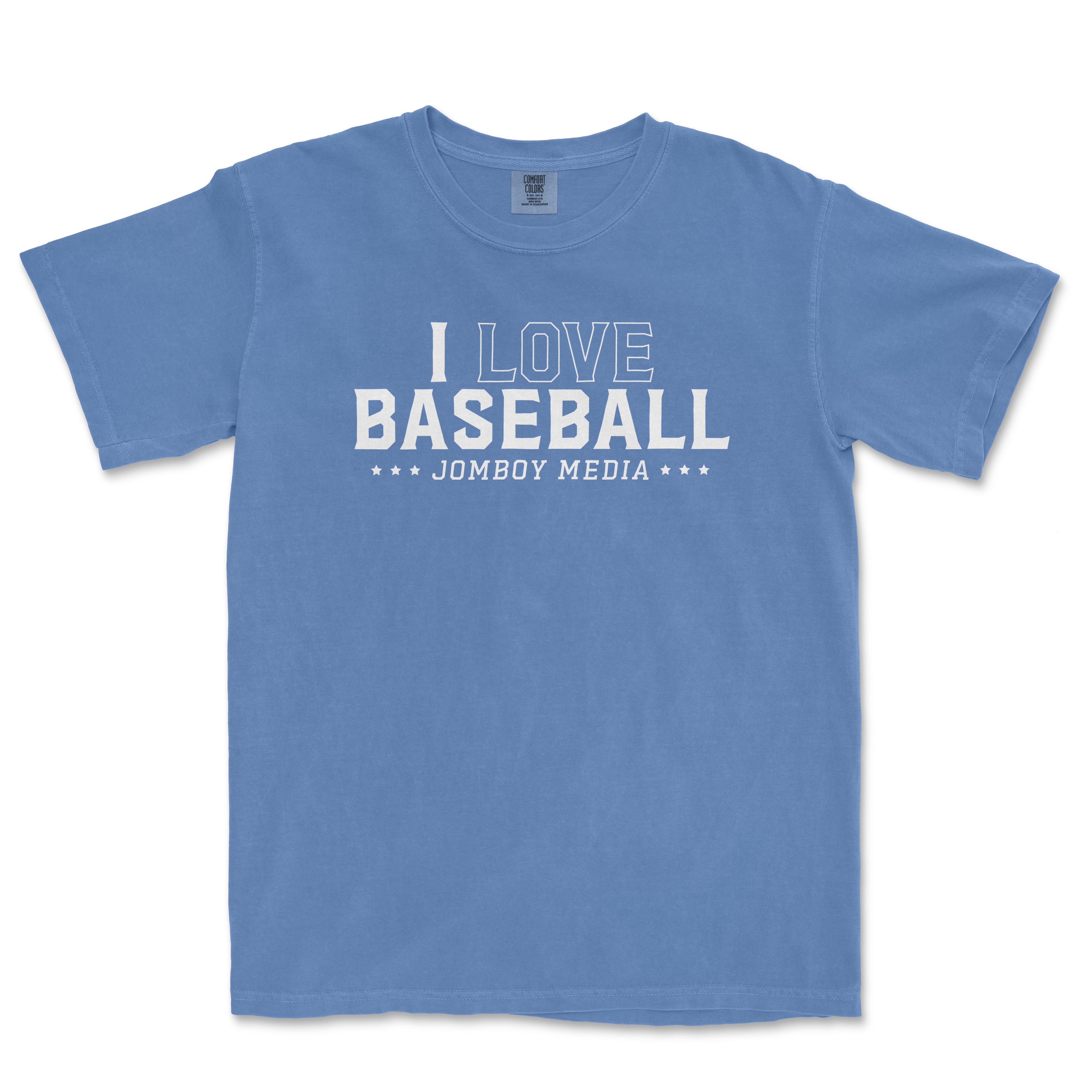 Blue Comfort Colors vintage T-shirt with white "I Love Baseball" and "JomboY Media" text and star accents.