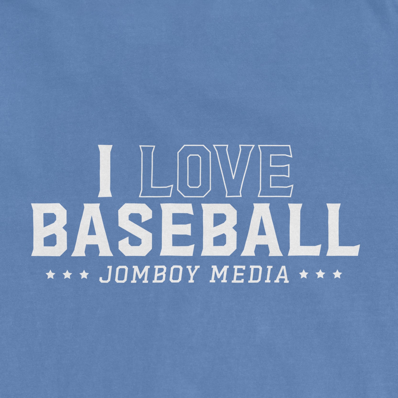 Light blue vintage T-shirt with white text that says "I LOVE BASEBALL" and "JOMBOY MEDIA" underneath, featuring star accents.