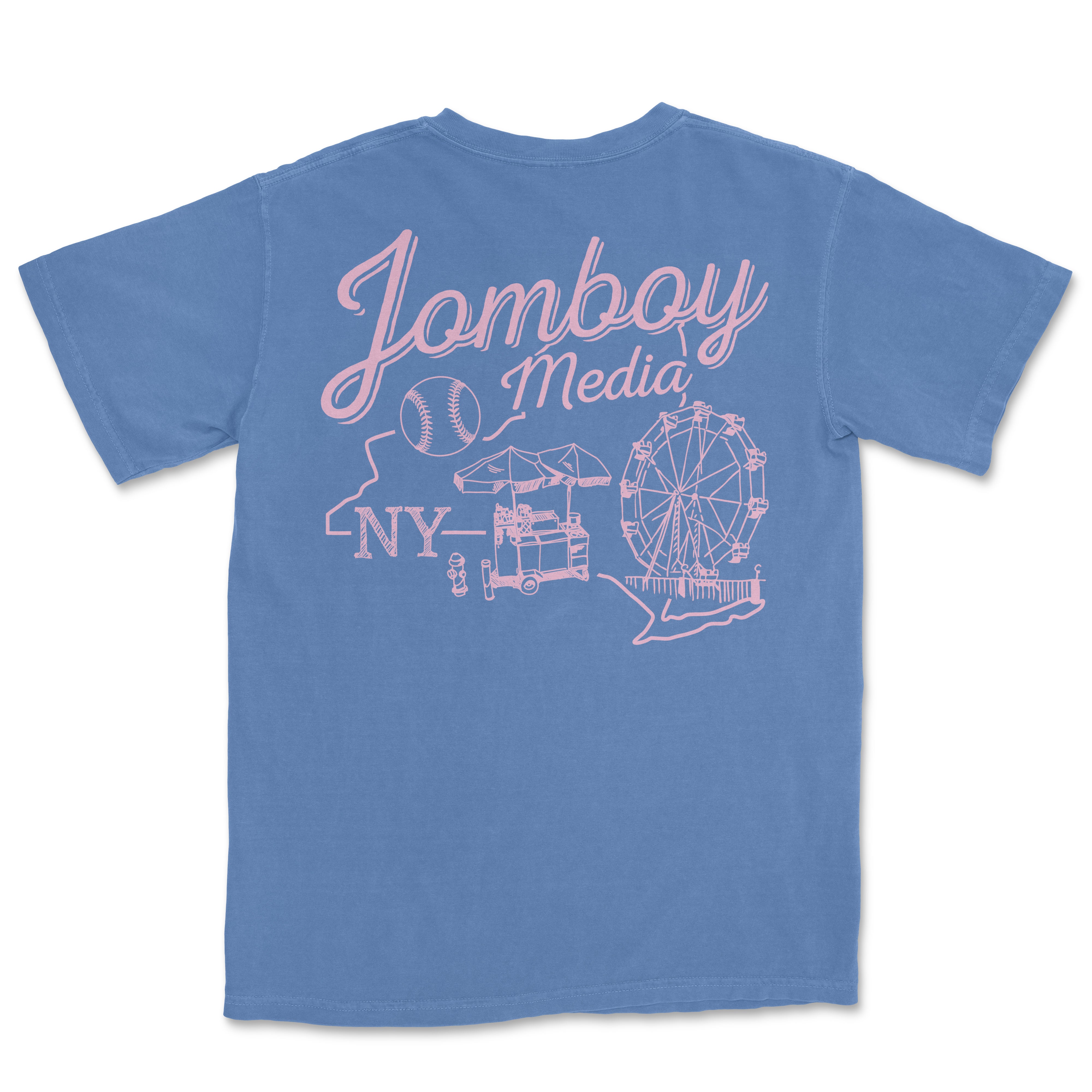 Blue T-shirt featuring a pink graphic design of a Ferris wheel, hot dog cart, baseball, and "Jomboy Media NY" text, representing Coney Island.