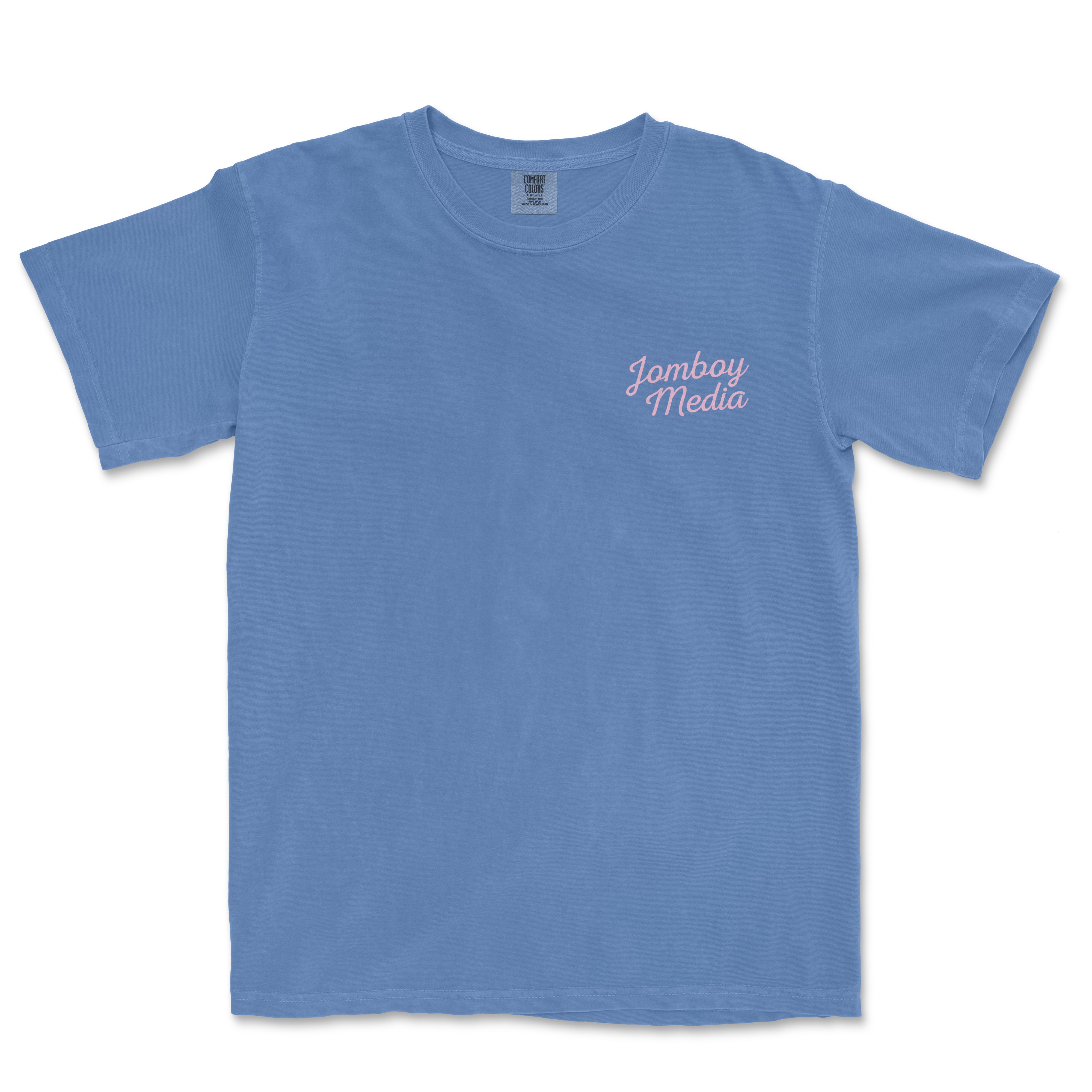 Blue T-shirt with "Jomboy Media" written in pink cursive text on the upper left chest area.