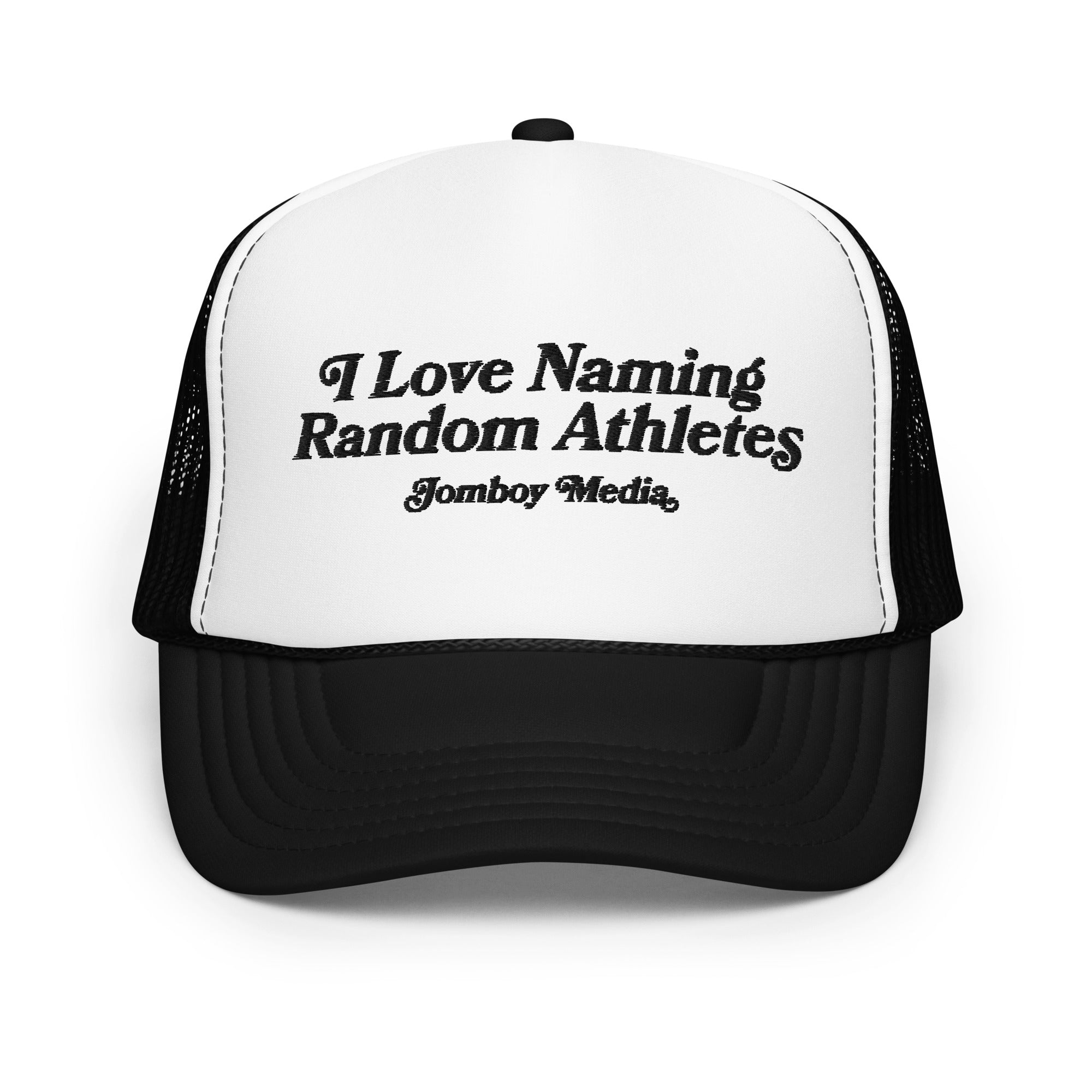 Black and white trucker hat with embroidered text: "I Love Naming Random Athletes" and "Jomboy Media" on the front panel.