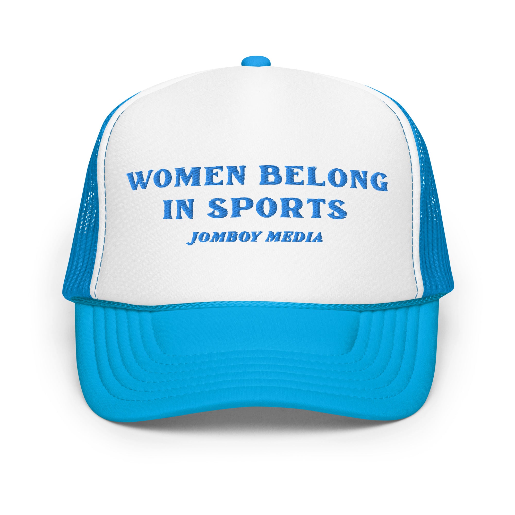 Blue and white trucker hat with embroidered text: "Women Belong in Sports" and "Jomboy Media" on the front panel.